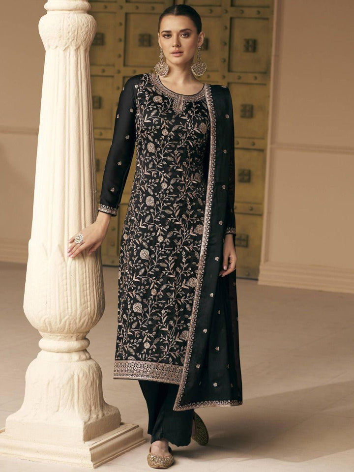 Outlandish Black Embroidered Soft Silk Palazzo Suit