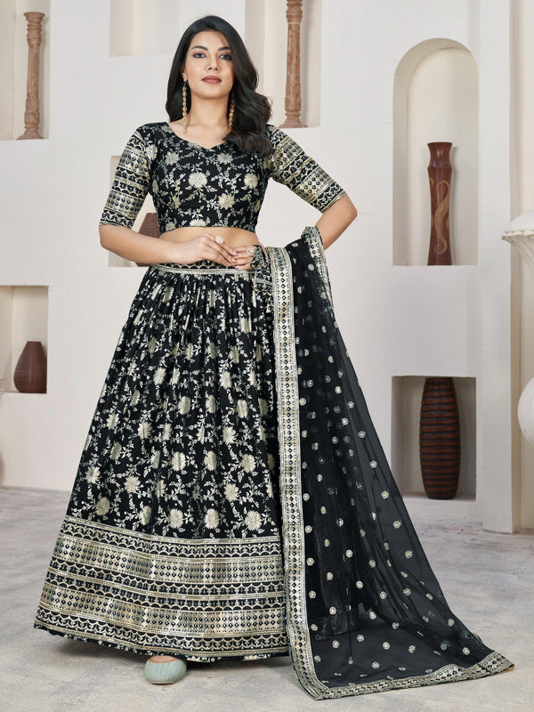 Outlandish Black Zari Work Jacquard Reception Wear Lehenga Choli