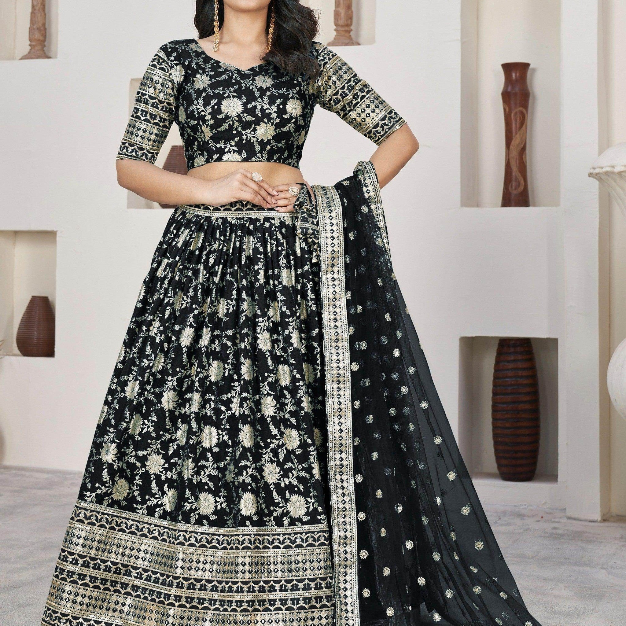 Outlandish Black Zari Work Jacquard Reception Wear Lehenga Choli - Zeel Clothing