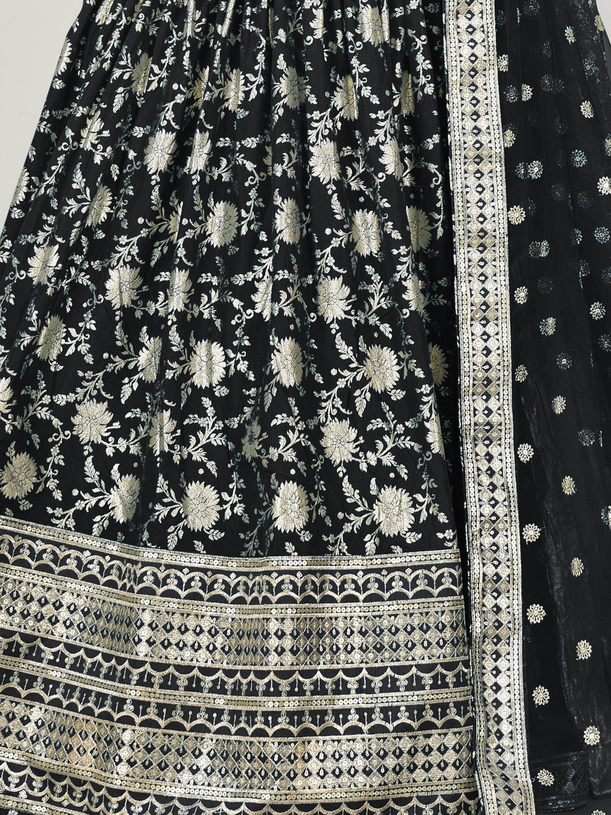 Outlandish Black Zari Work Jacquard Reception Wear Lehenga Choli - Zeel Clothing