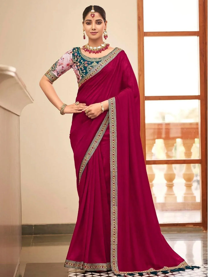 Outlandish Dark Pink Embroidered Border Vichitra Silk Festive Wear Saree
