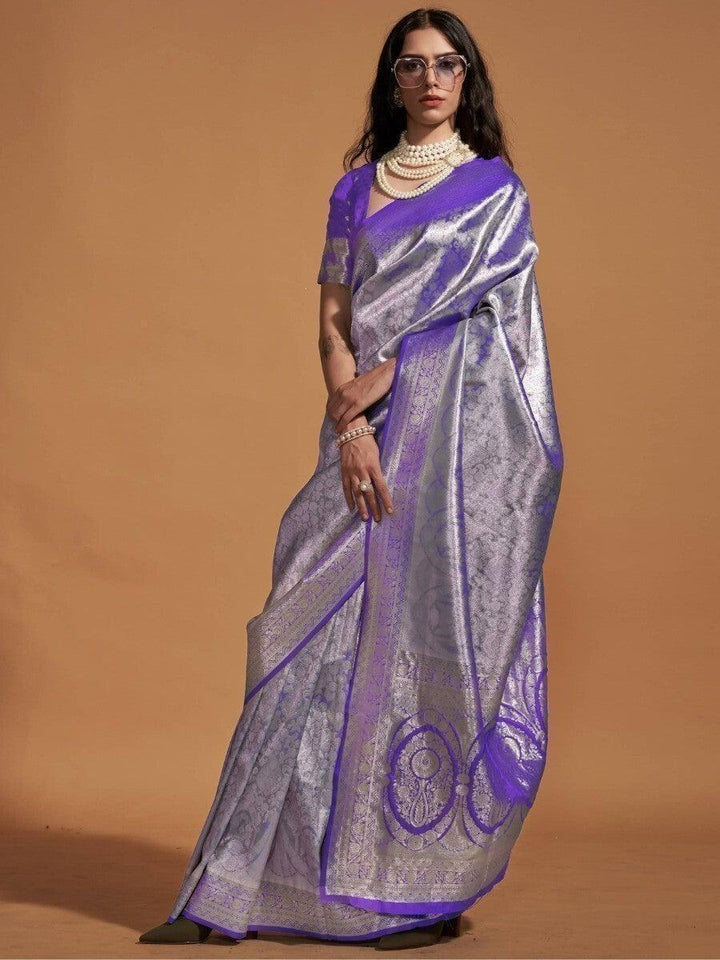 Outlandish Purple Zari Weaving Silk Wedding Wear Saree With Blouse