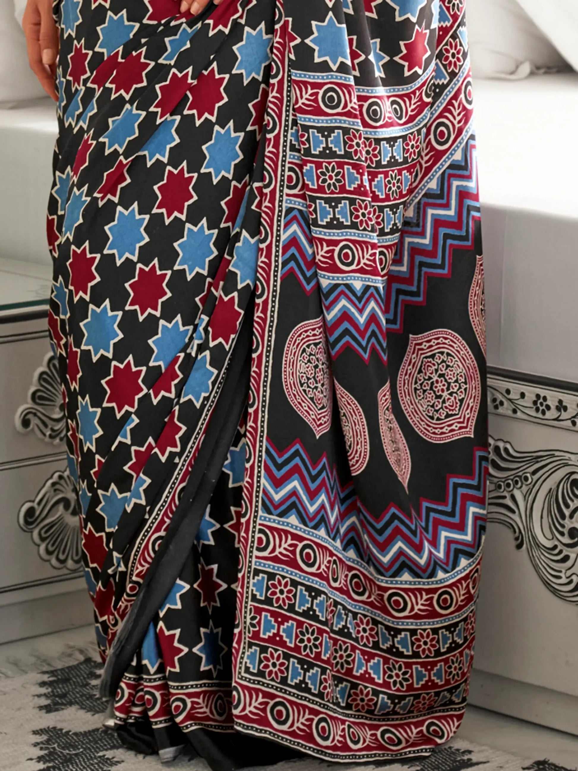 Outstanding Black Printed Satin Traditional Saree With Blouse - Zeel Clothing
