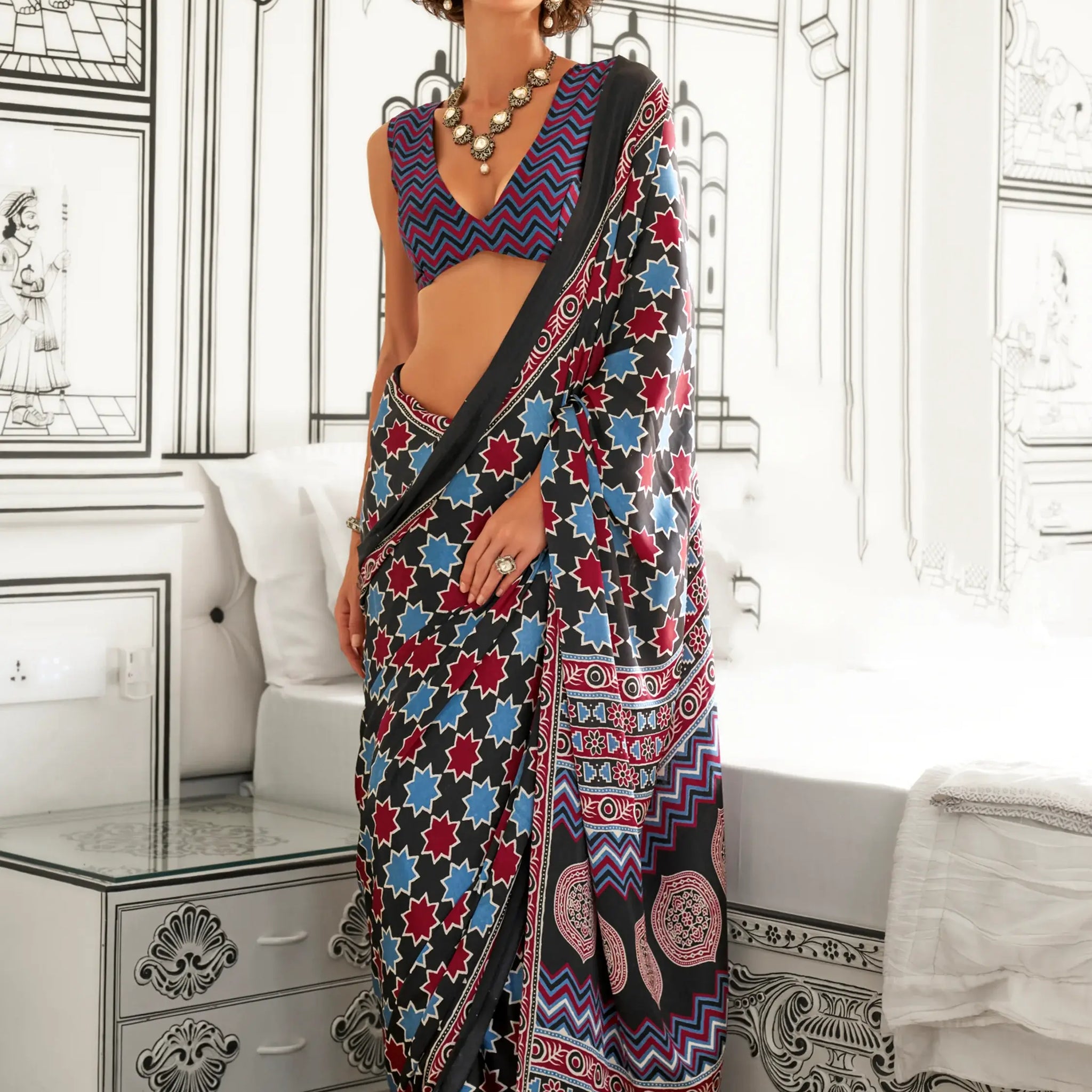 Outstanding Black Printed Satin Traditional Saree With Blouse - Zeel Clothing