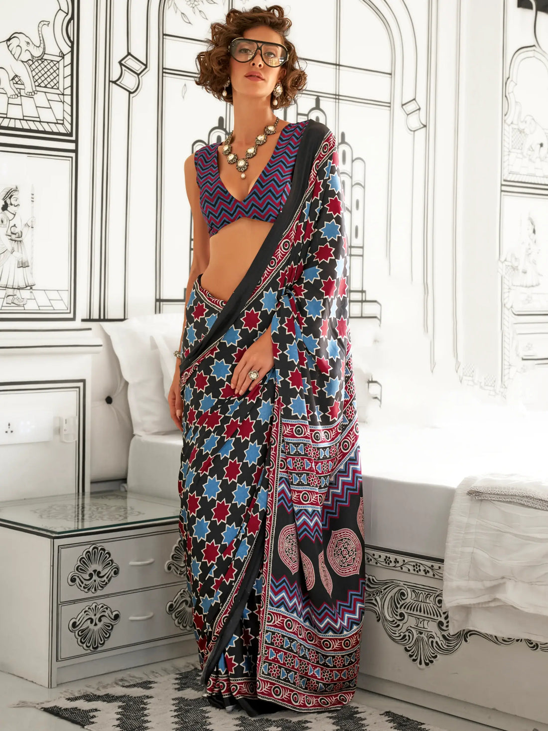 Outstanding Black Printed Satin Traditional Saree With Blouse - Zeel Clothing