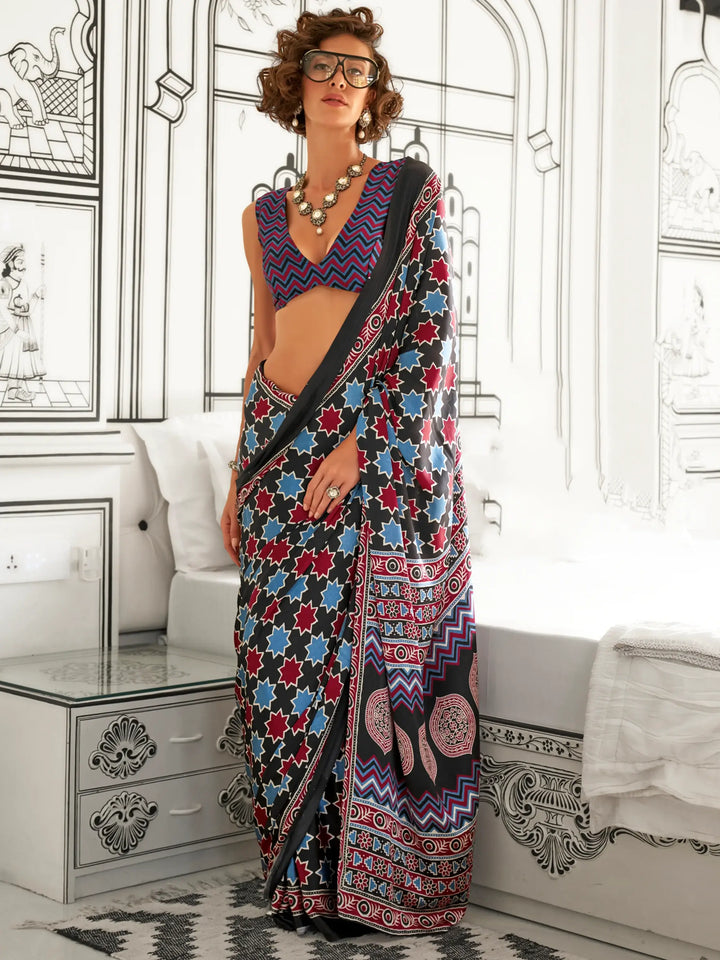 Outstanding Black Printed Satin Traditional Saree With Blouse - Zeel Clothing