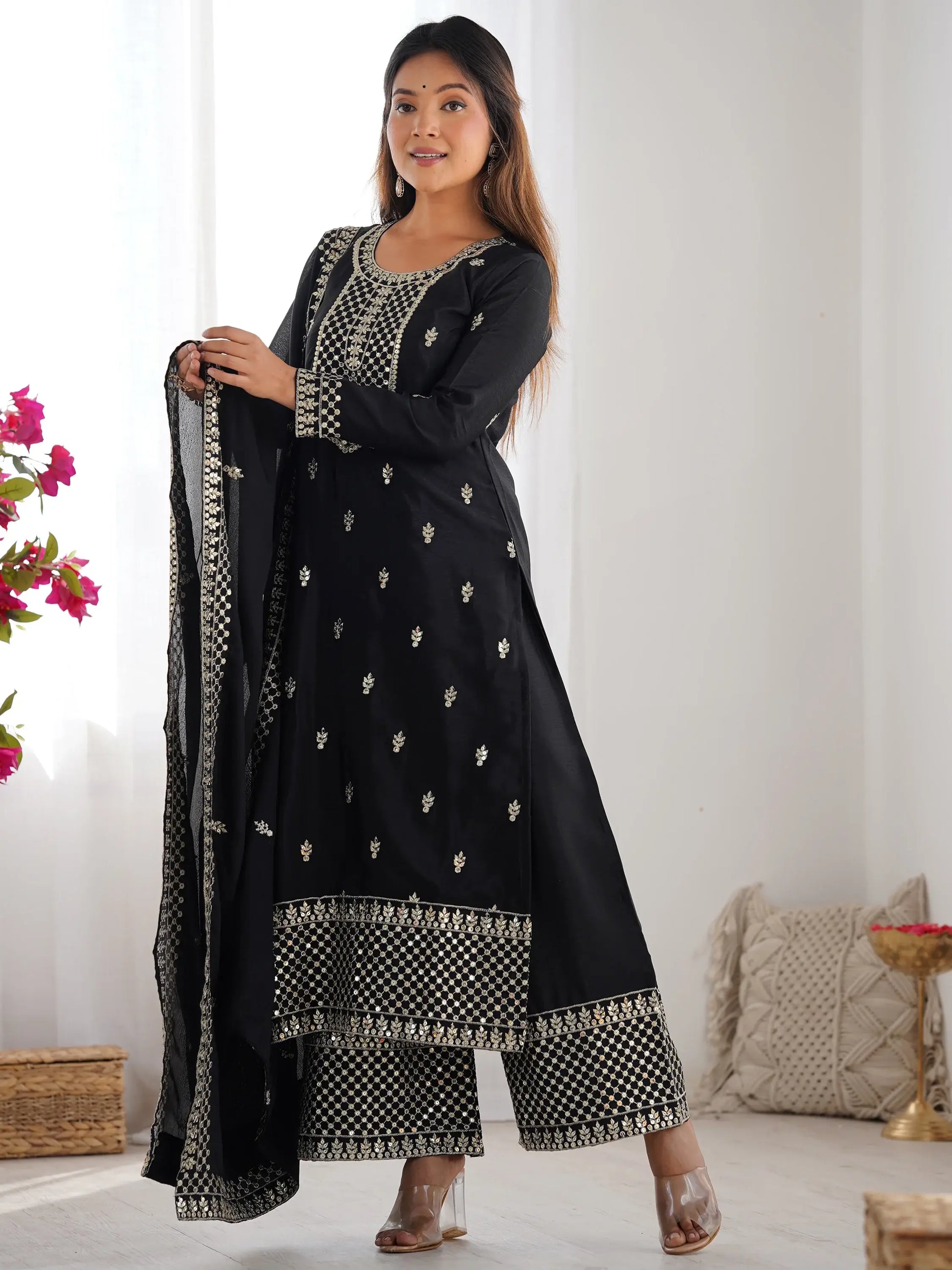 Outstanding Black Sequins Chinon Event Wear Palazzo Suit With Dupatta - Zeel Clothing