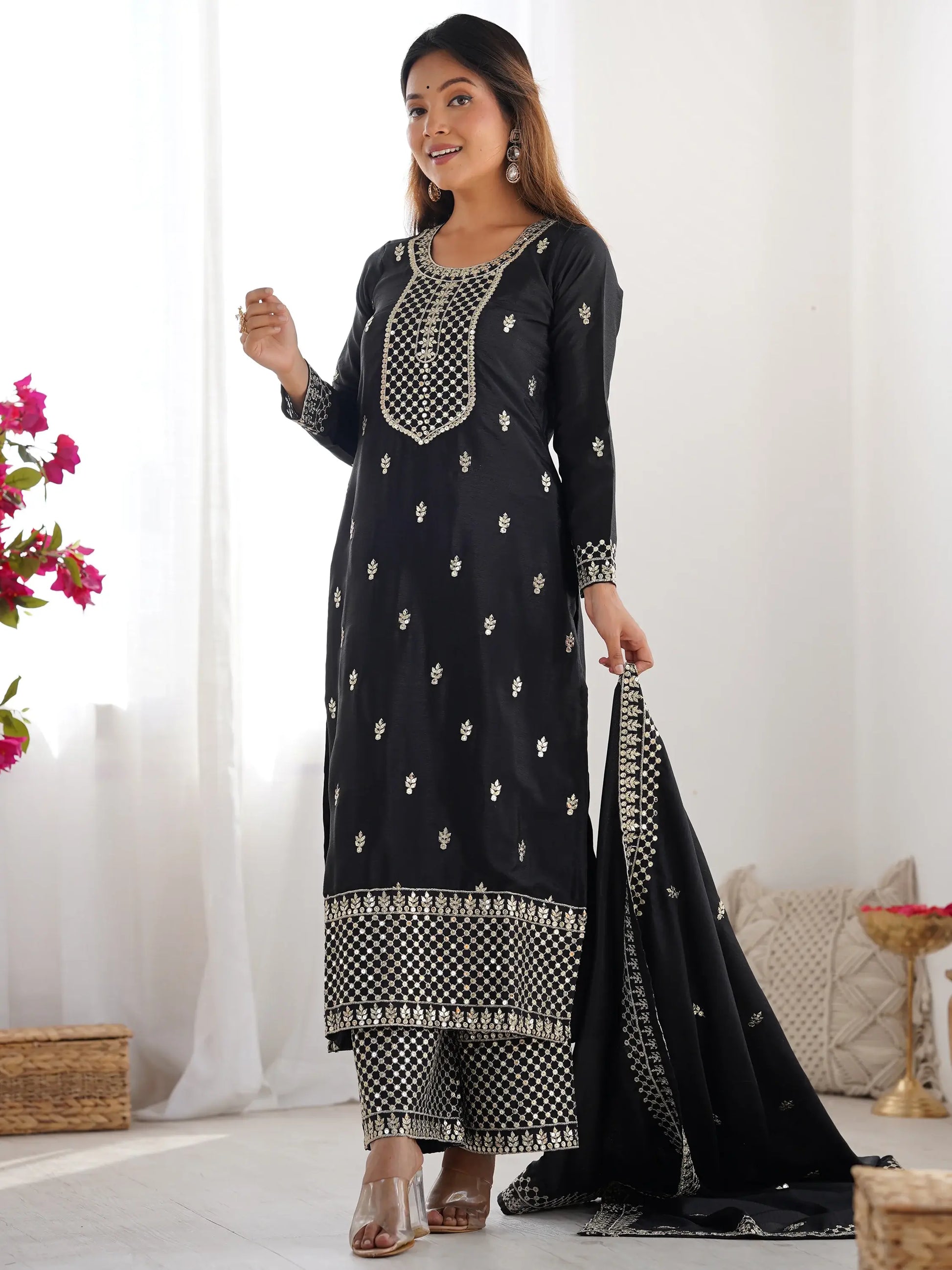 Outstanding Black Sequins Chinon Event Wear Palazzo Suit With Dupatta - Zeel Clothing