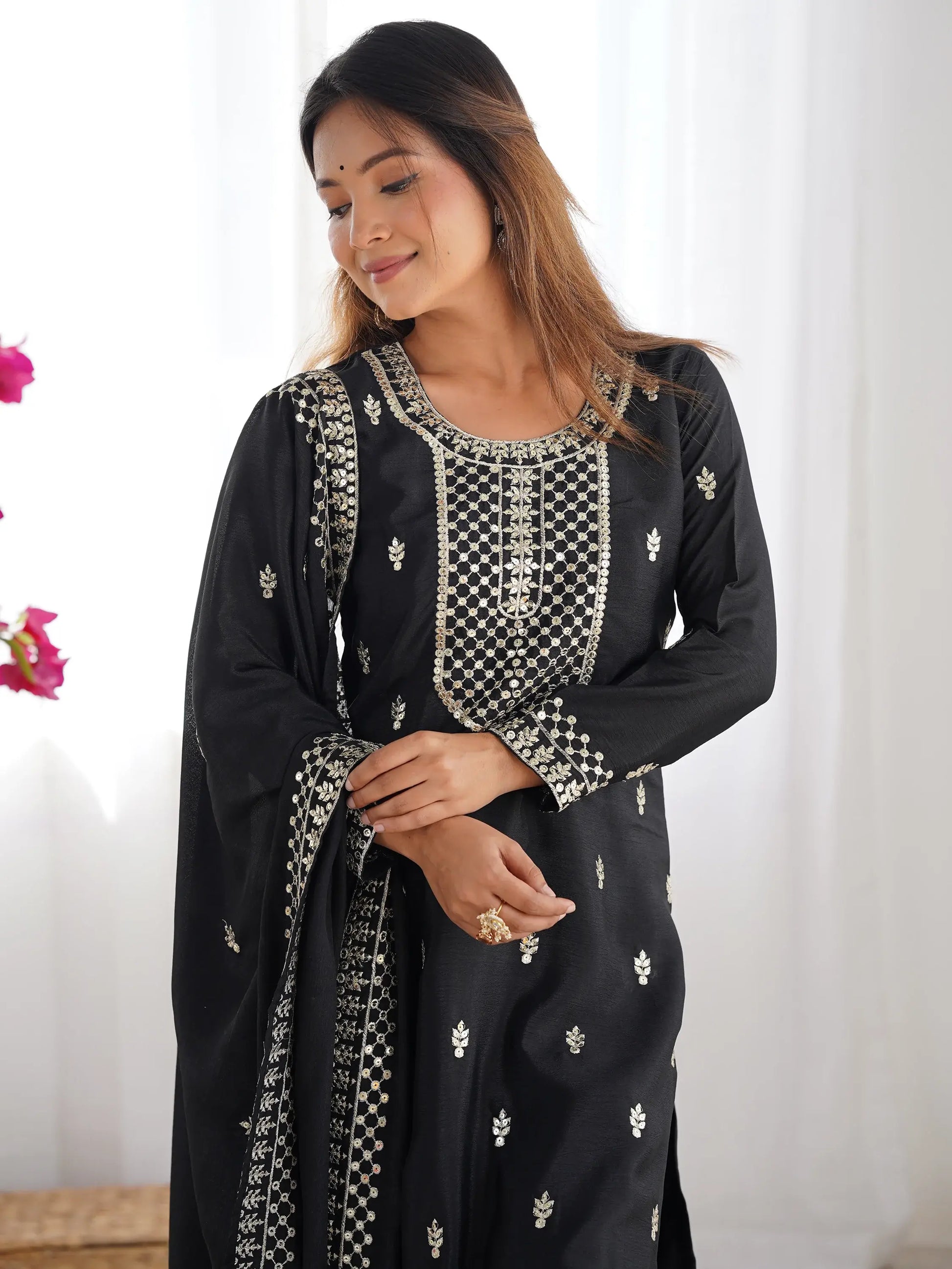 Outstanding Black Sequins Chinon Event Wear Palazzo Suit With Dupatta - Zeel Clothing