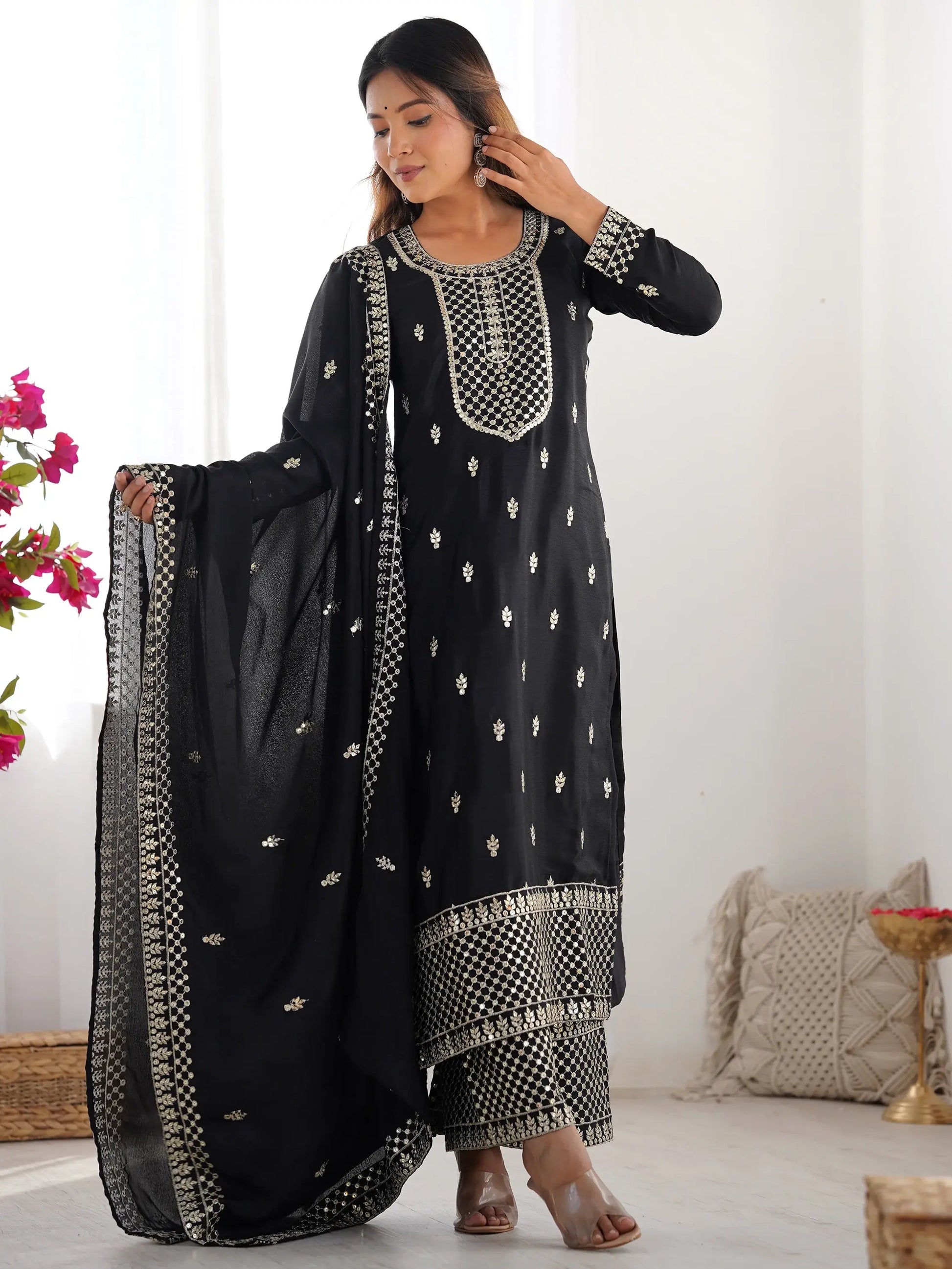 Outstanding Black Sequins Chinon Event Wear Palazzo Suit With Dupatta - Zeel Clothing