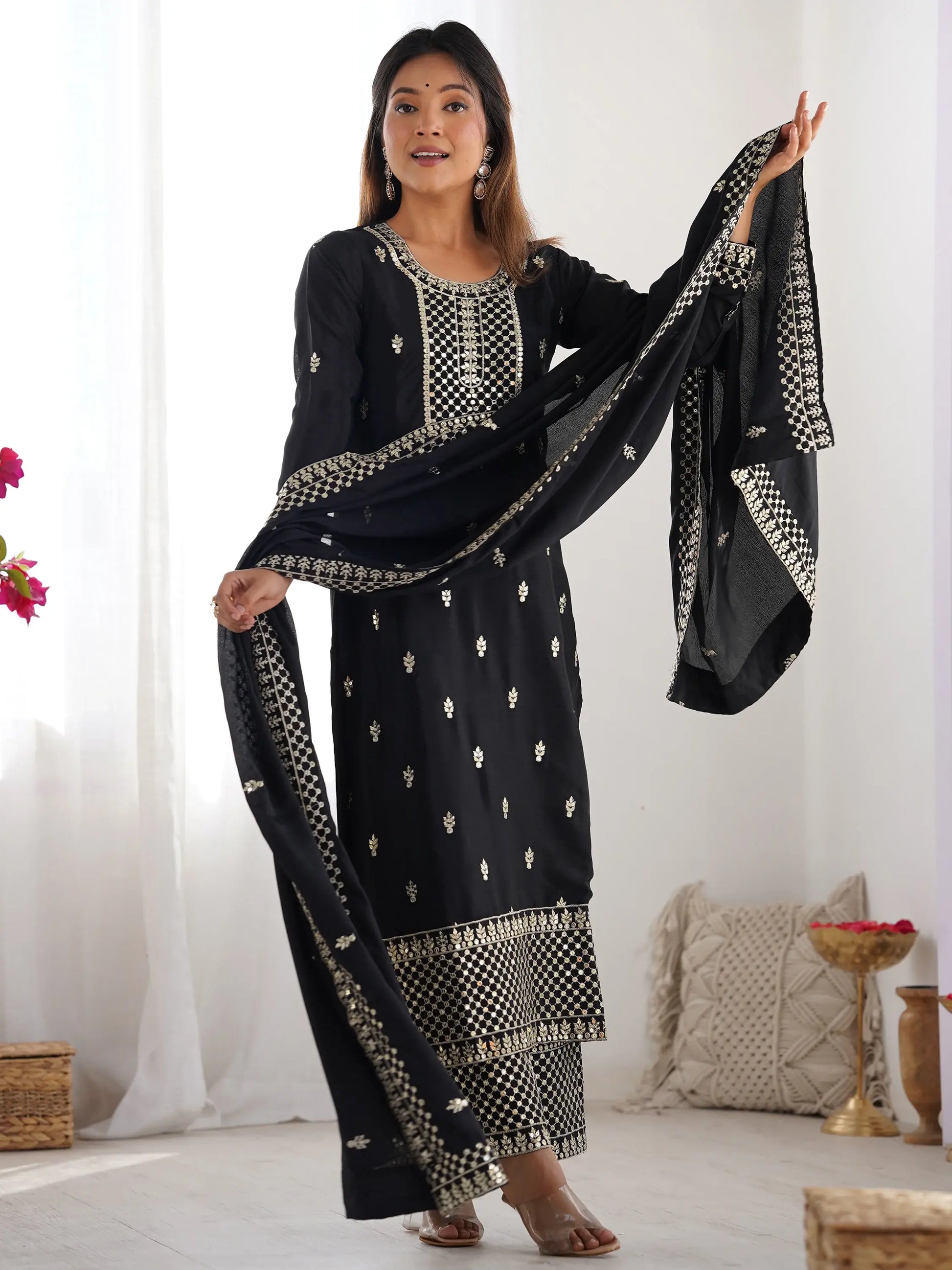Outstanding Black Sequins Chinon Event Wear Palazzo Suit With Dupatta - Zeel Clothing