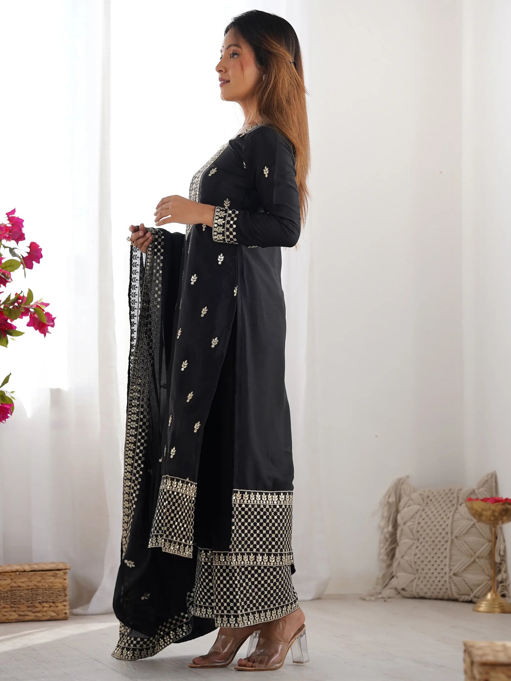 Outstanding Black Sequins Chinon Event Wear Palazzo Suit With Dupatta - Zeel Clothing