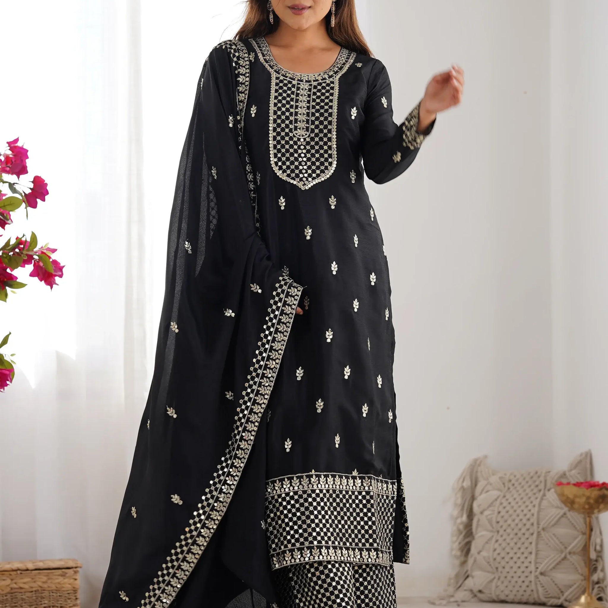 Outstanding Black Sequins Chinon Event Wear Palazzo Suit With Dupatta - Zeel Clothing