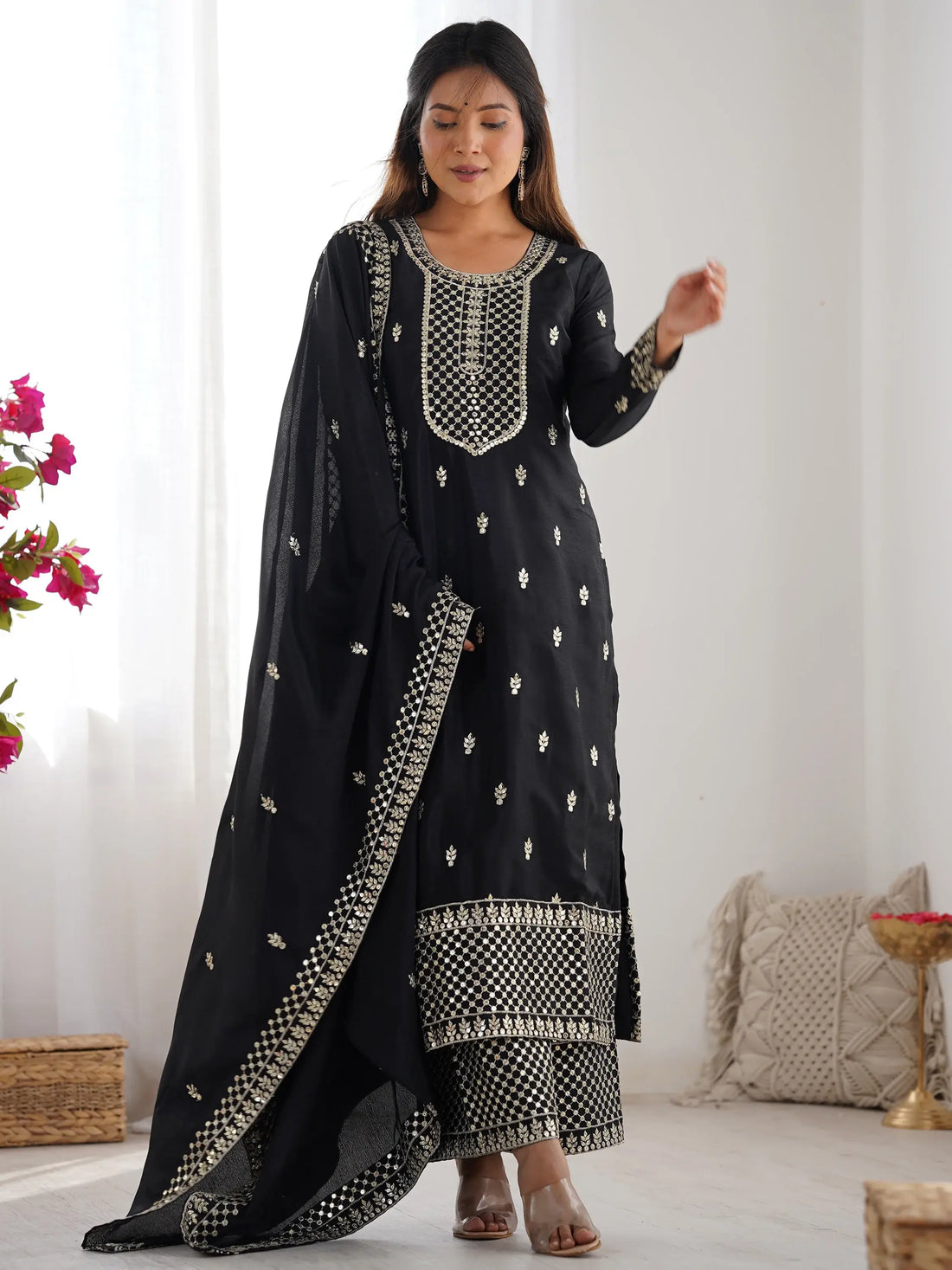 Outstanding Black Sequins Chinon Event Wear Palazzo Suit With Dupatta - Zeel Clothing
