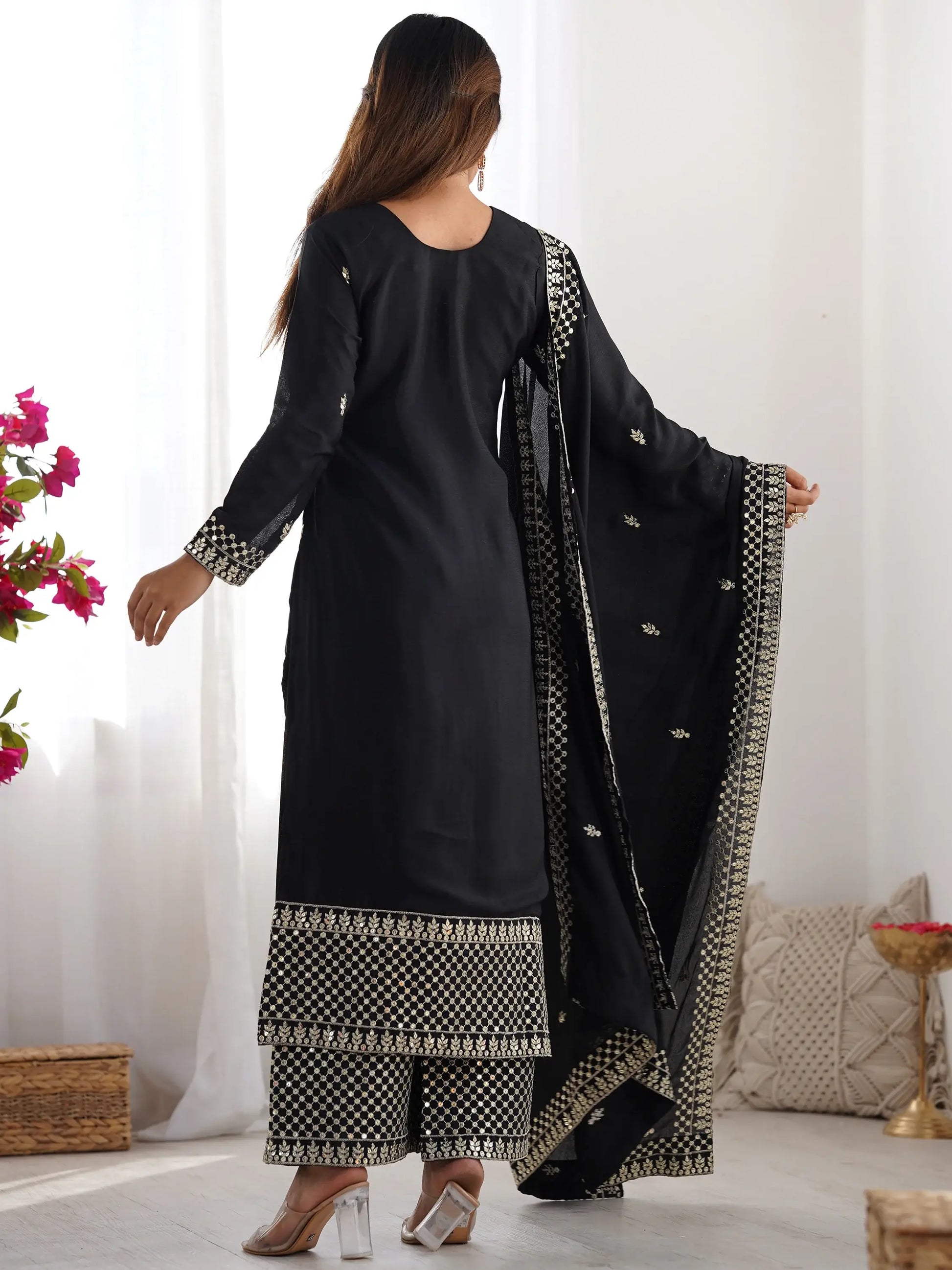 Outstanding Black Sequins Chinon Event Wear Palazzo Suit With Dupatta - Zeel Clothing