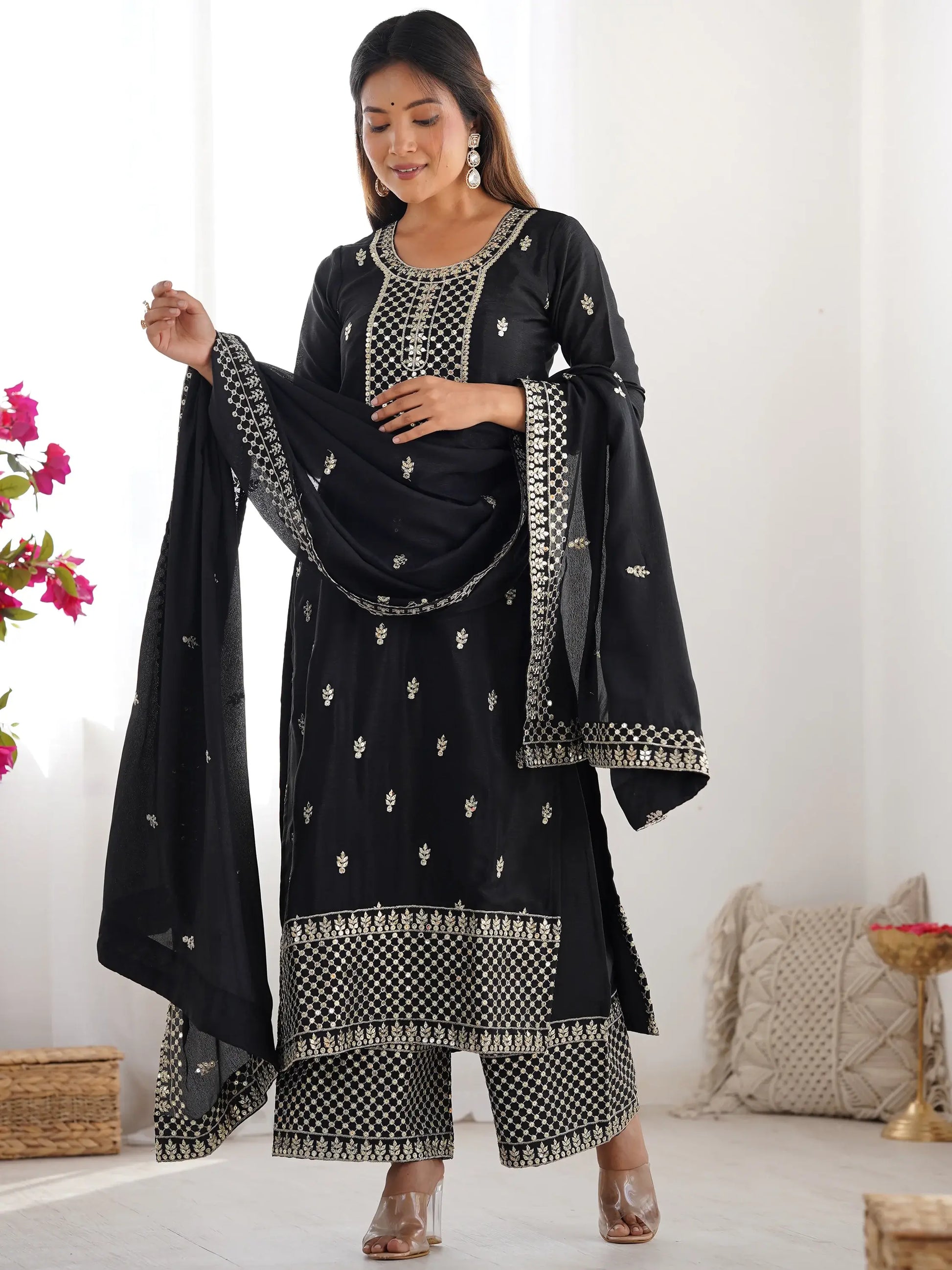 Outstanding Black Sequins Chinon Event Wear Palazzo Suit With Dupatta - Zeel Clothing