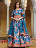 Outstanding Blue Floral Printed Art Silk Wedding Lehenga Choli - Zeel Clothing