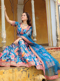 Outstanding Blue Floral Printed Art Silk Wedding Lehenga Choli - Zeel Clothing