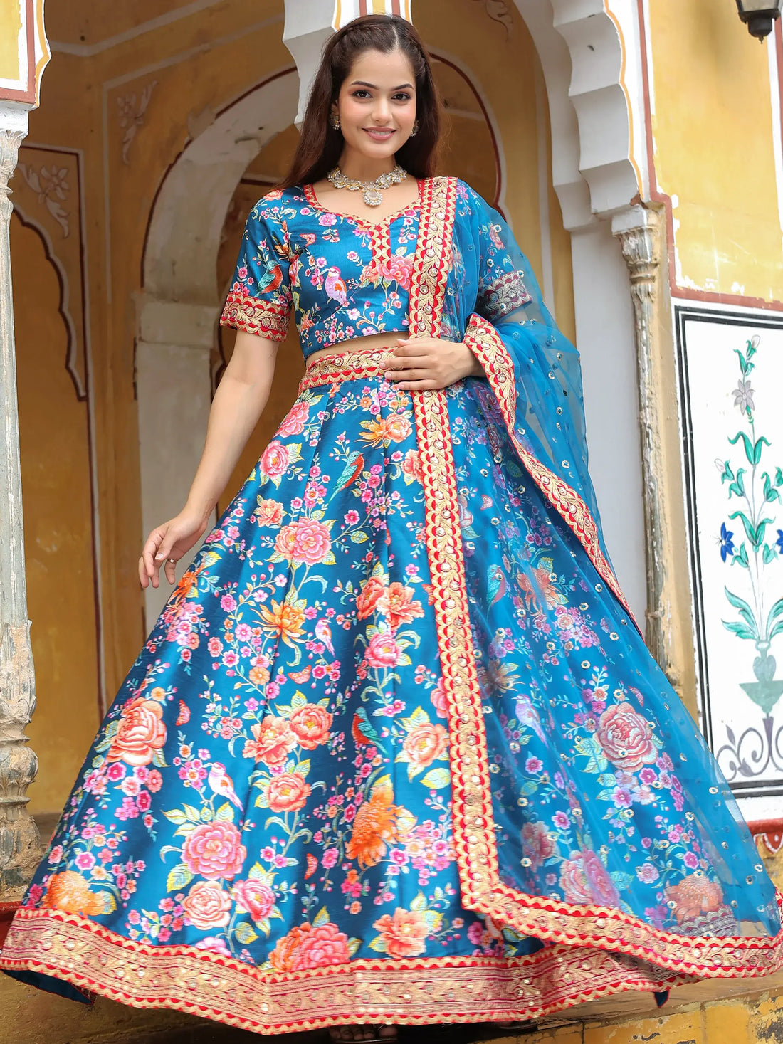 Outstanding Blue Floral Printed Art Silk Wedding Lehenga Choli - Zeel Clothing