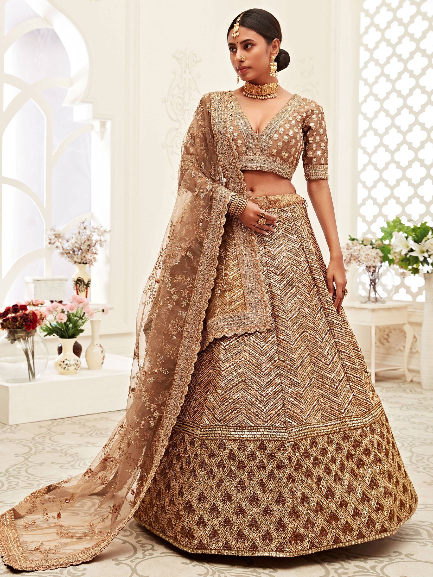 Outstanding Brown Embroidered Slub Silk Wedding Wear Lehenga Choli - Zeel Clothing