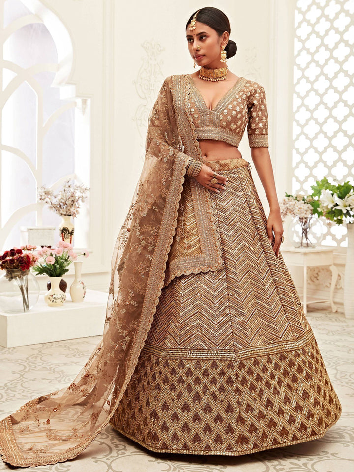 Outstanding Brown Embroidered Slub Silk Wedding Wear Lehenga Choli - Zeel Clothing