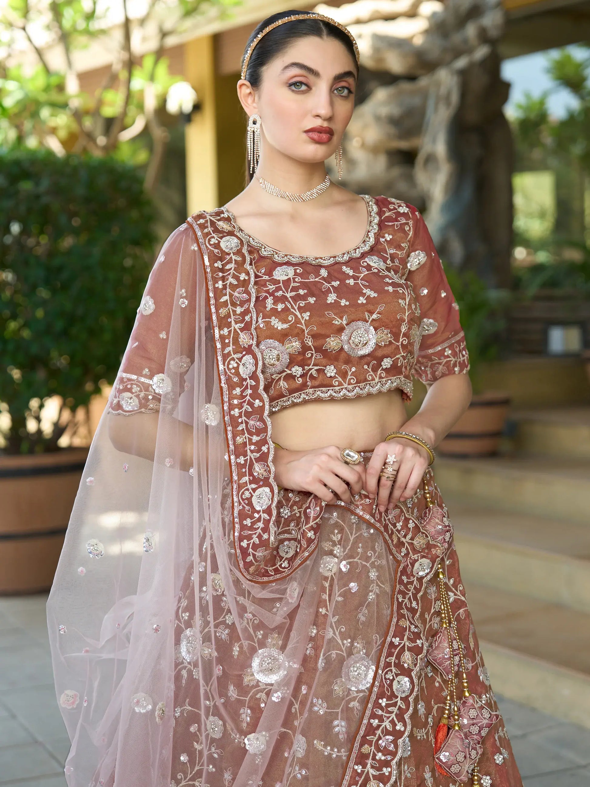 Outstanding Brown Sequins Silk Engagement Wear Lehenga Choli - Zeel Clothing