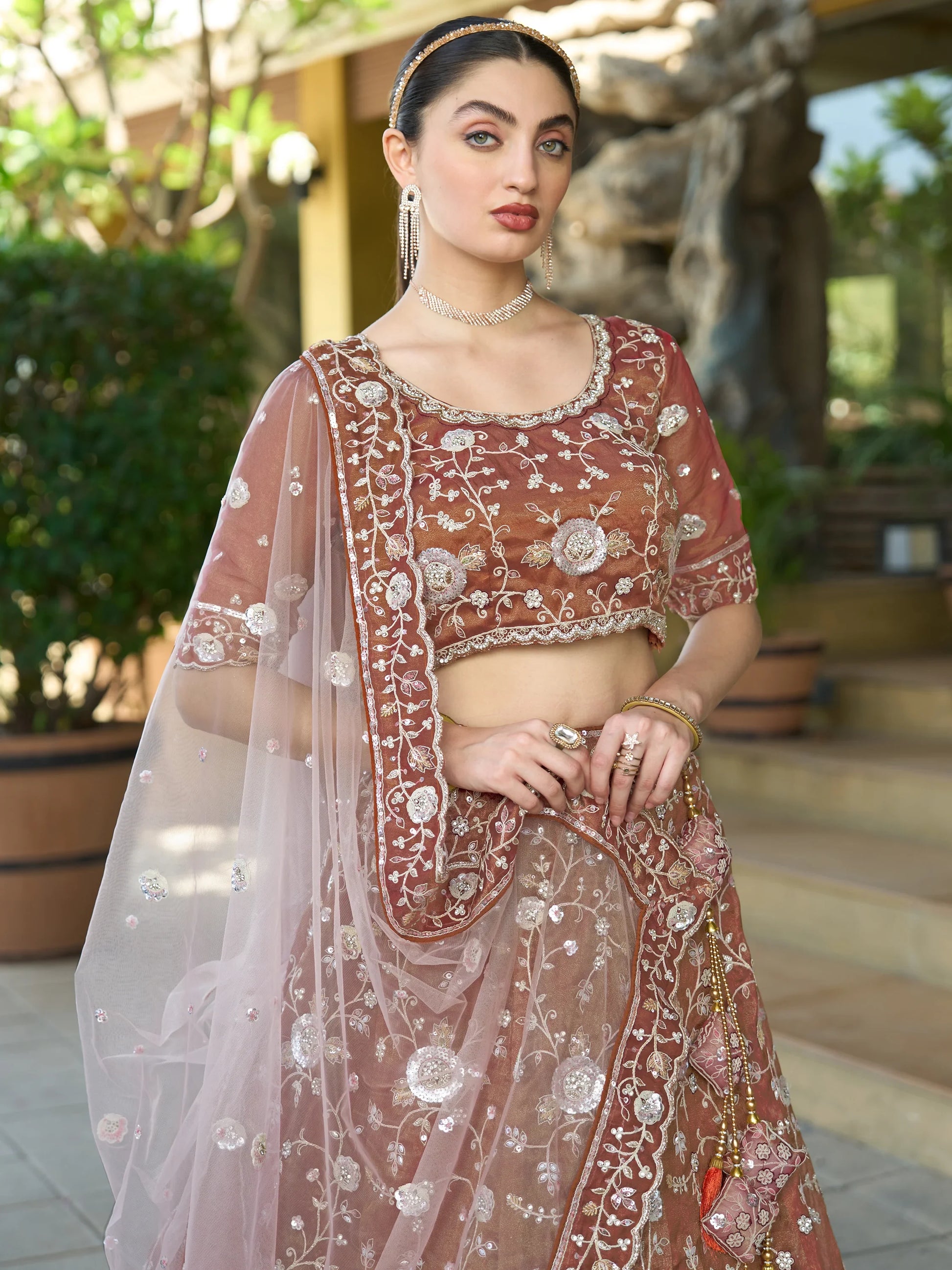Outstanding Brown Sequins Silk Engagement Wear Lehenga Choli - Zeel Clothing