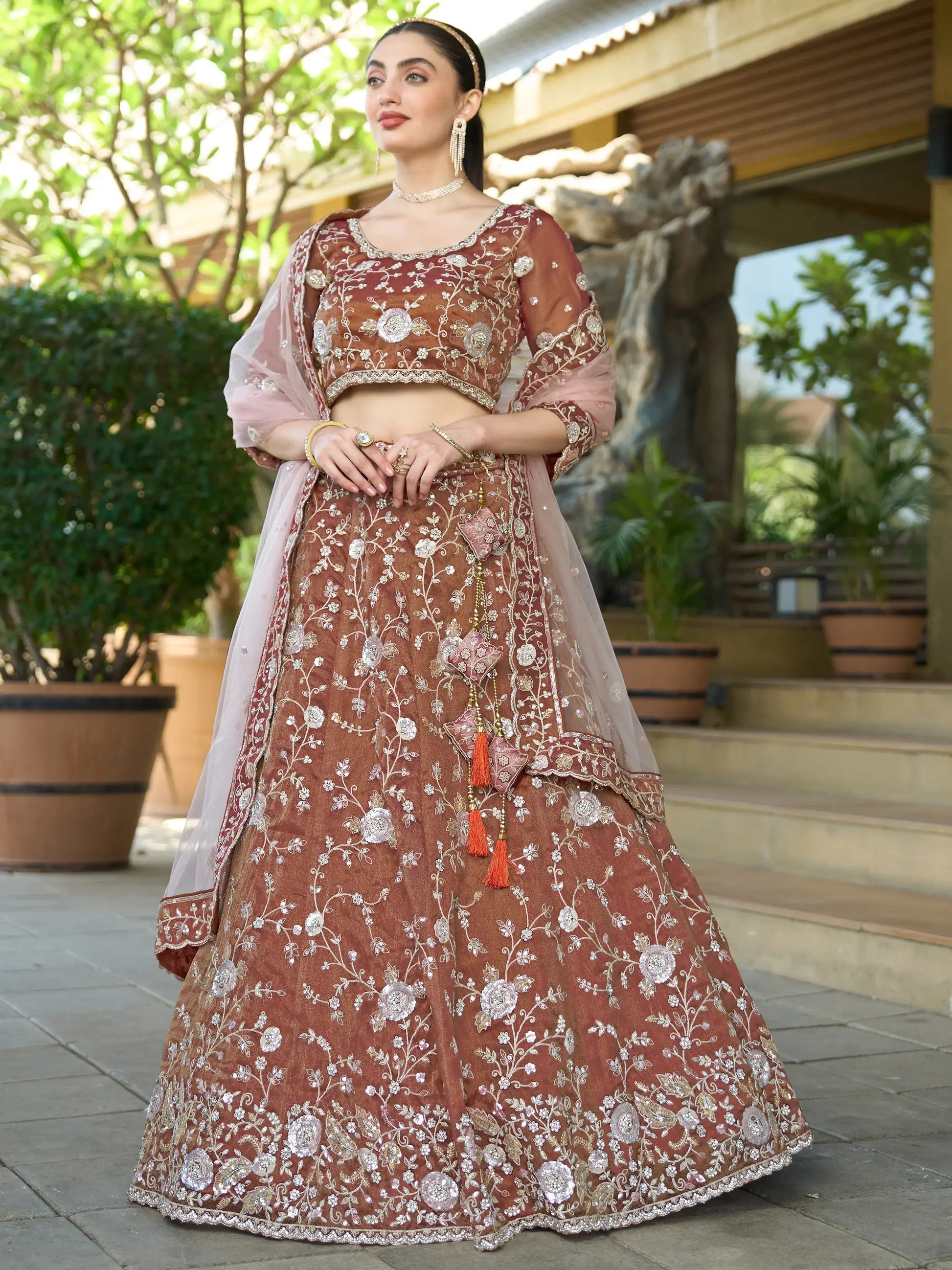 Outstanding Brown Sequins Silk Engagement Wear Lehenga Choli - Zeel Clothing
