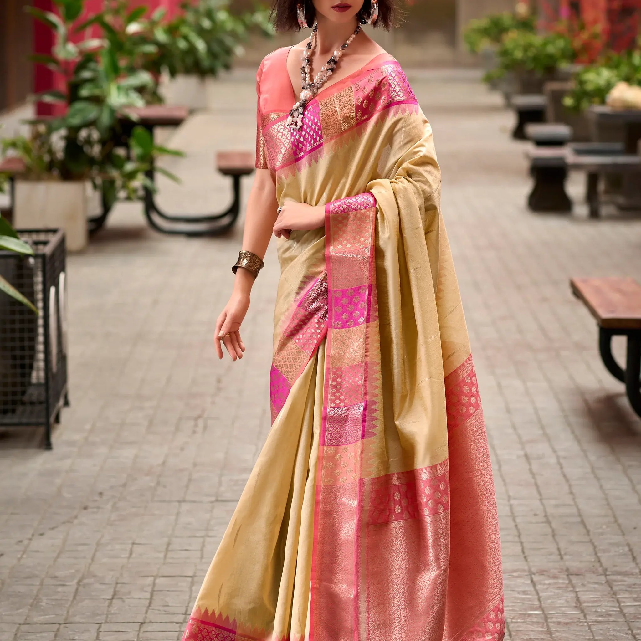 Outstanding Cream Zari Weaving Banarasi Silk Festival Wear Saree - Zeel Clothing