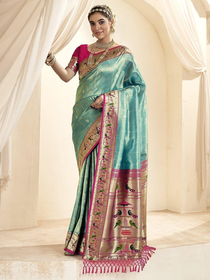 Outstanding Firozi Zari Weaving Silk Traditional Saree With Blouse