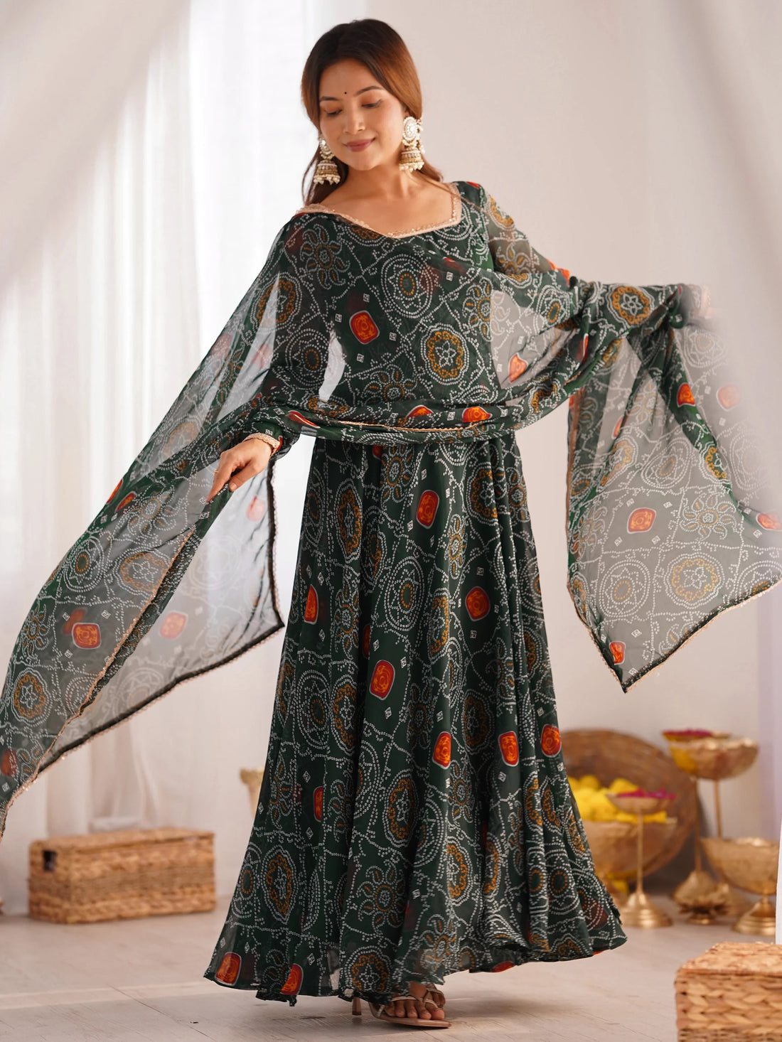 Outstanding Green Bandhani Printed Georgette Anarkali Suit With Dupatta - Zeel Clothing