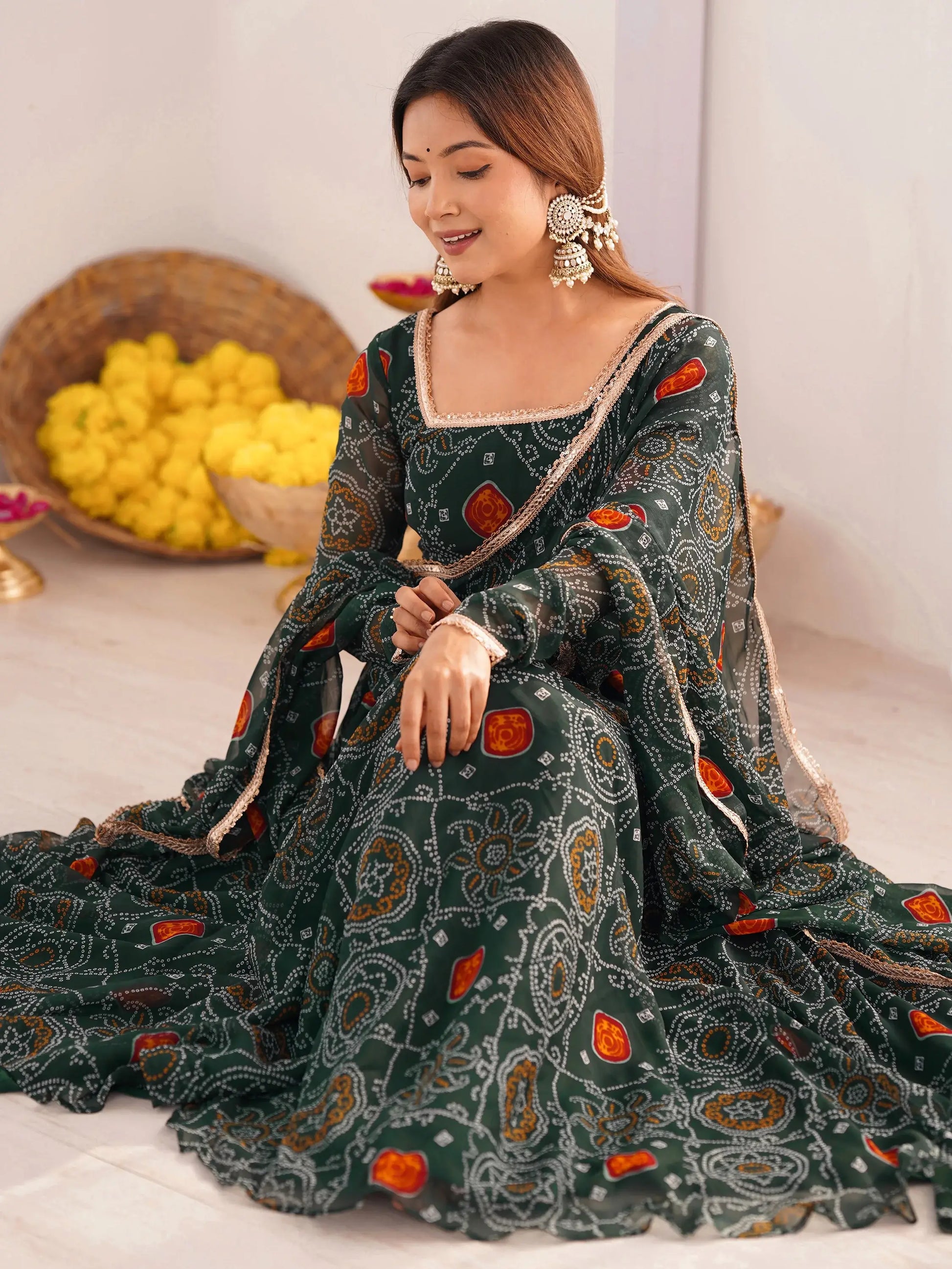 Outstanding Green Bandhani Printed Georgette Anarkali Suit With Dupatta - Zeel Clothing