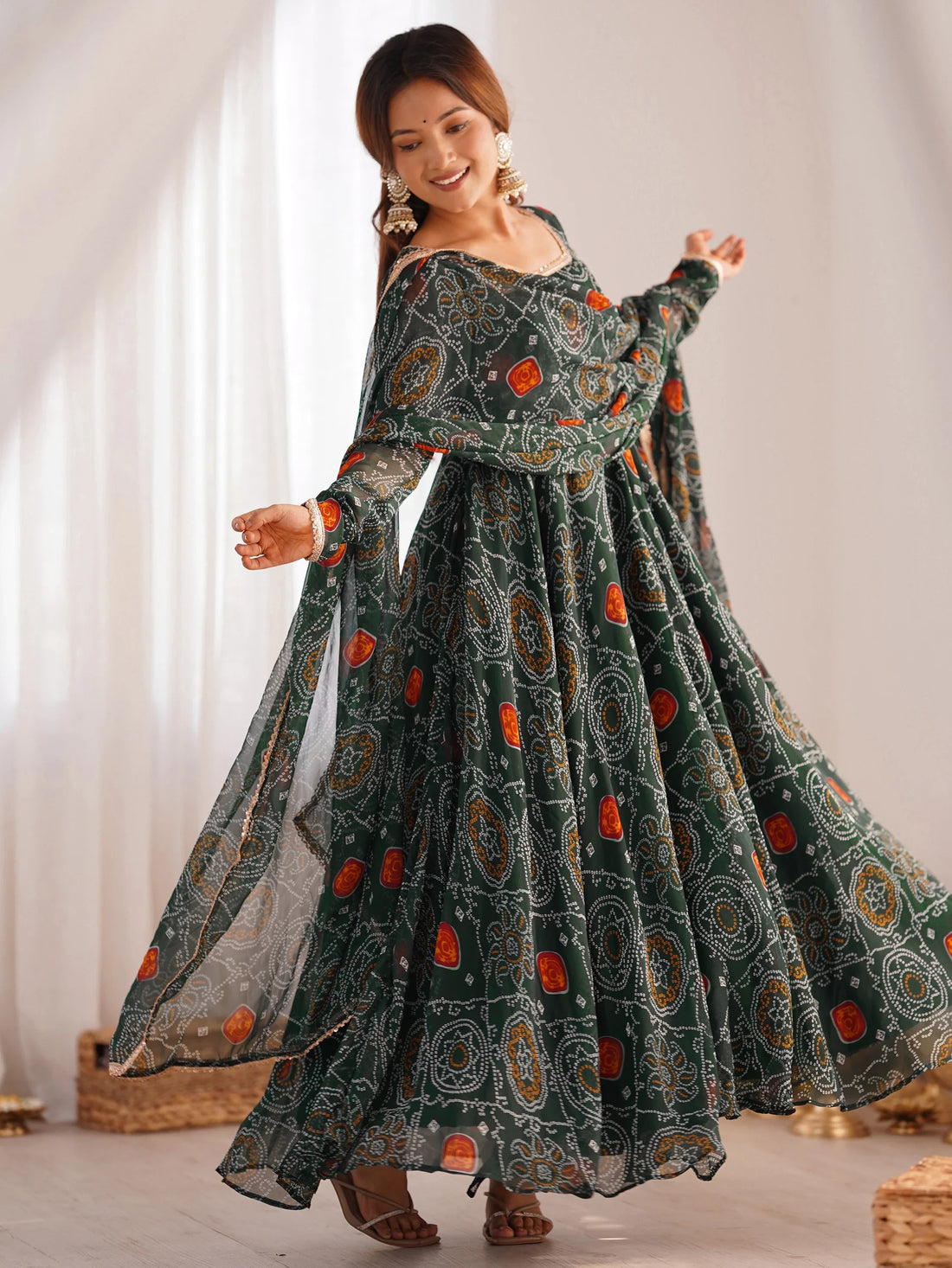 Outstanding Green Bandhani Printed Georgette Anarkali Suit With Dupatta - Zeel Clothing
