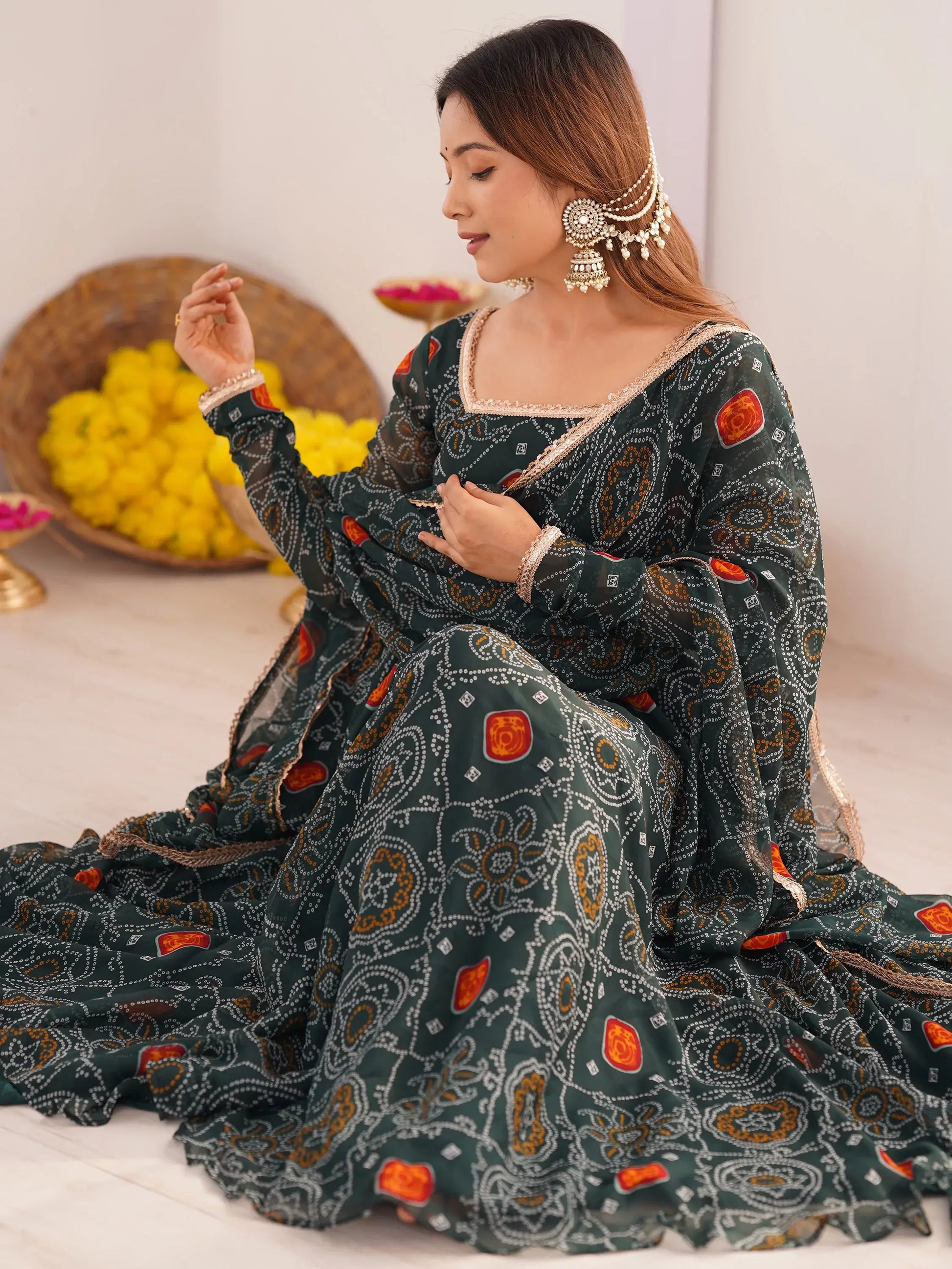 Outstanding Green Bandhani Printed Georgette Anarkali Suit With Dupatta - Zeel Clothing