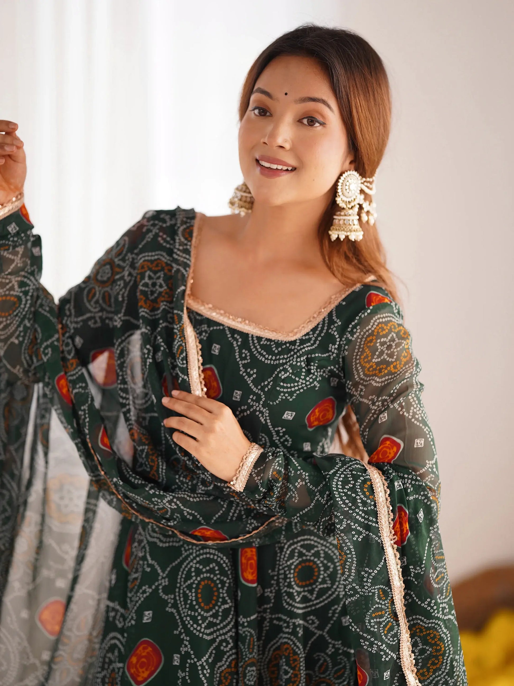 Outstanding Green Bandhani Printed Georgette Anarkali Suit With Dupatta - Zeel Clothing