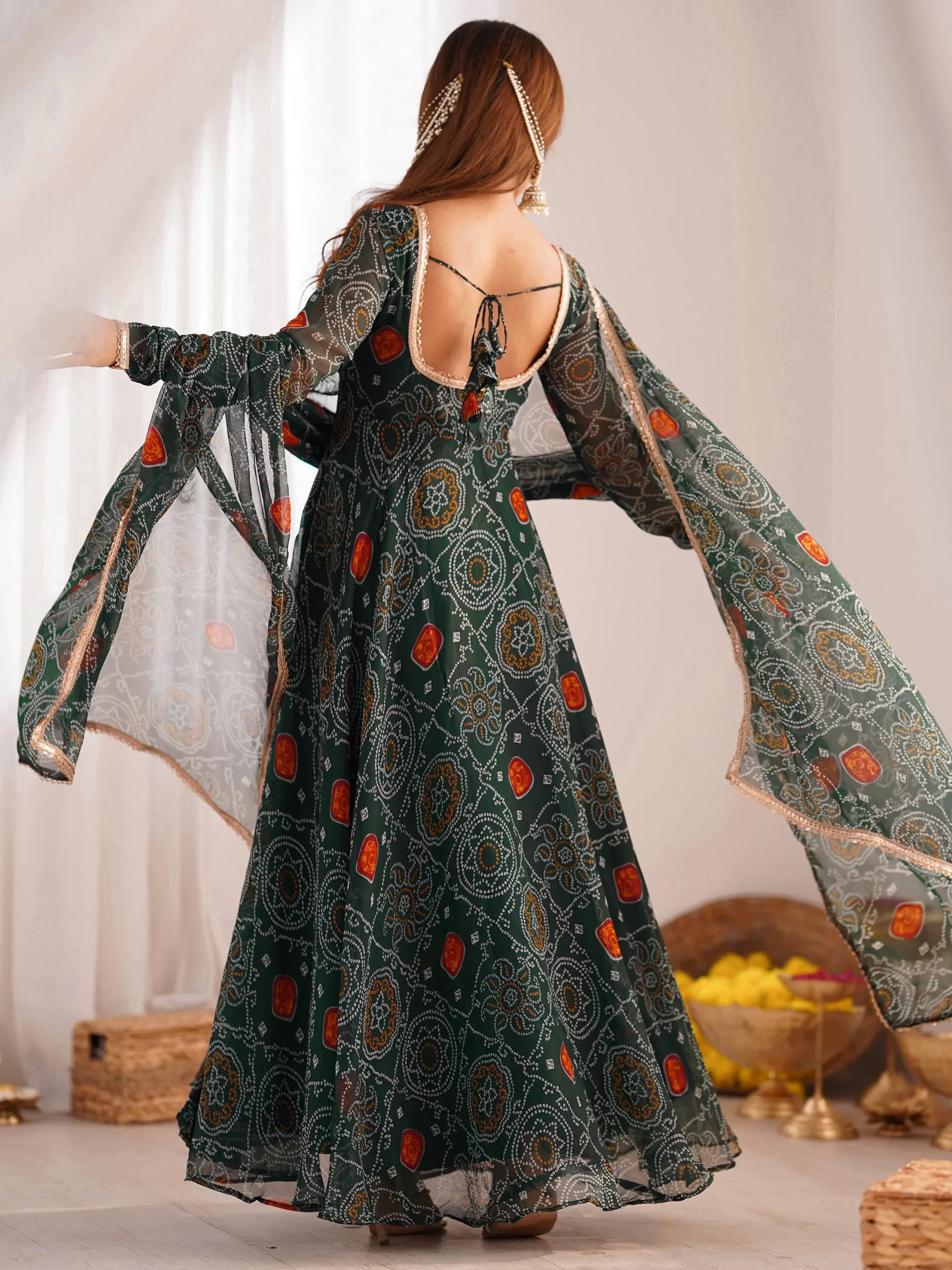 Outstanding Green Bandhani Printed Georgette Anarkali Suit With Dupatta - Zeel Clothing