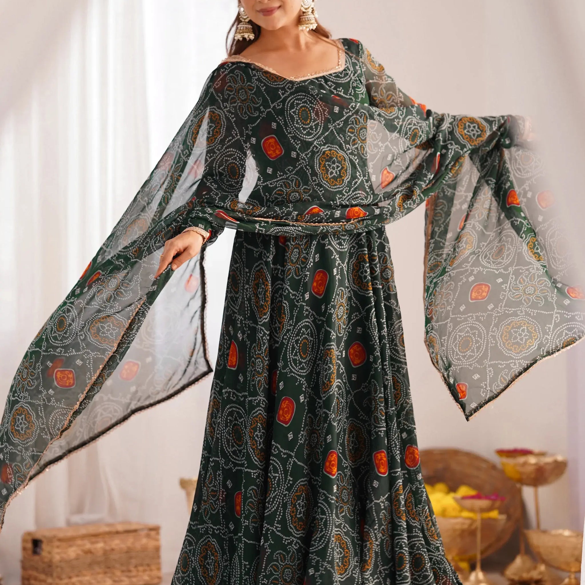 Outstanding Green Bandhani Printed Georgette Anarkali Suit With Dupatta - Zeel Clothing
