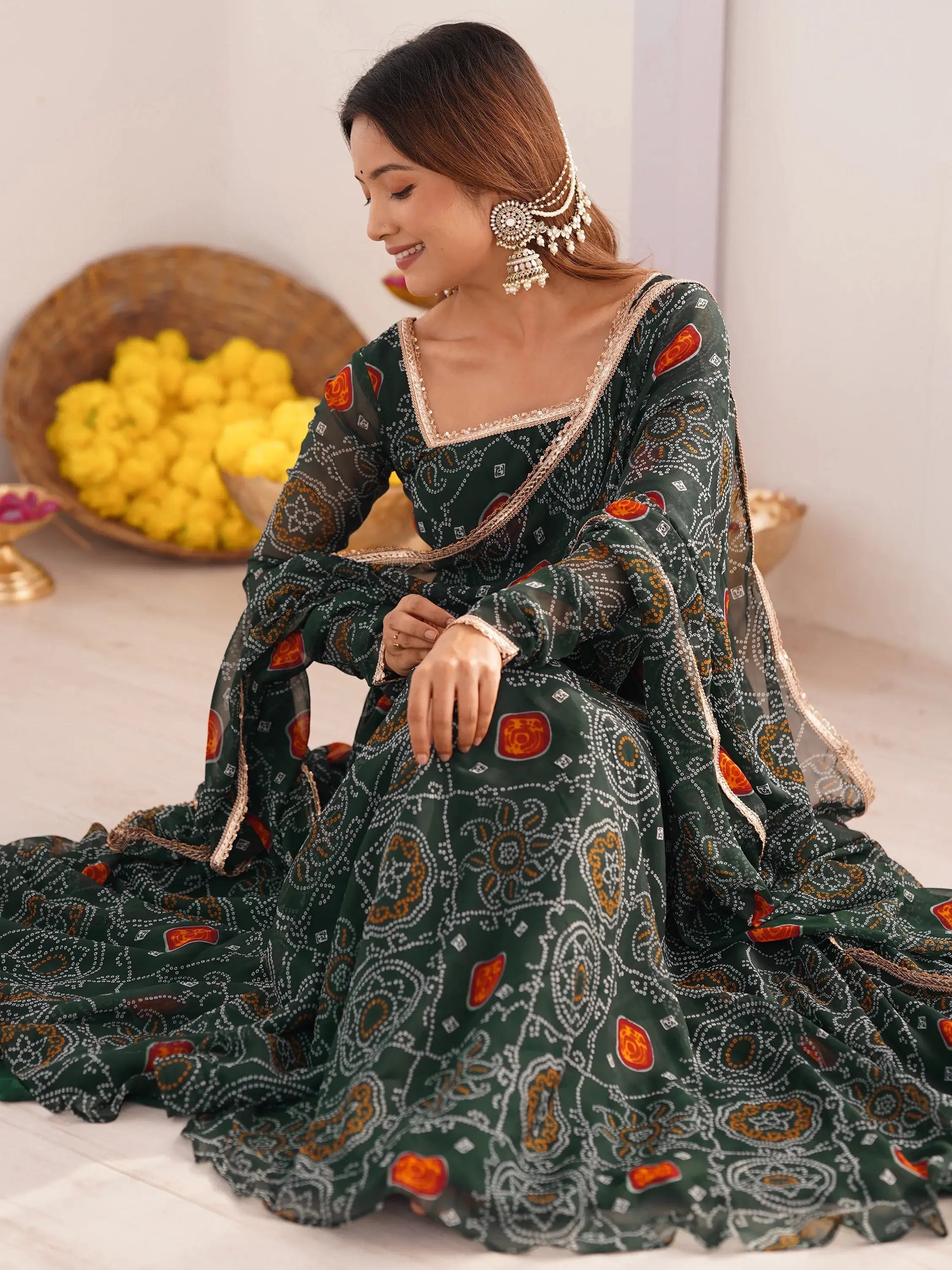 Outstanding Green Bandhani Printed Georgette Anarkali Suit With Dupatta - Zeel Clothing
