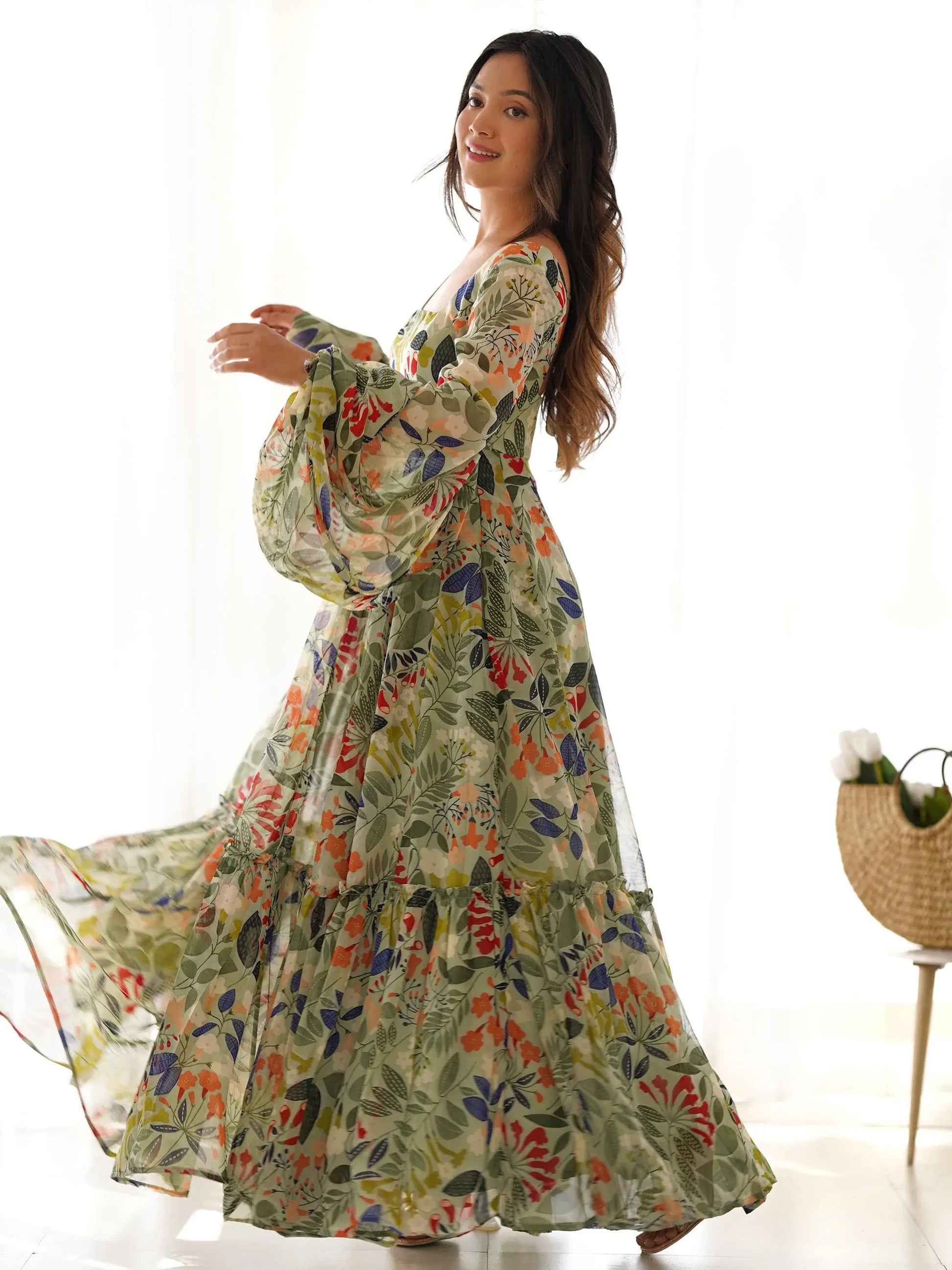 Outstanding Green Digital Printed Georgette Event Wear Gown - Zeel Clothing