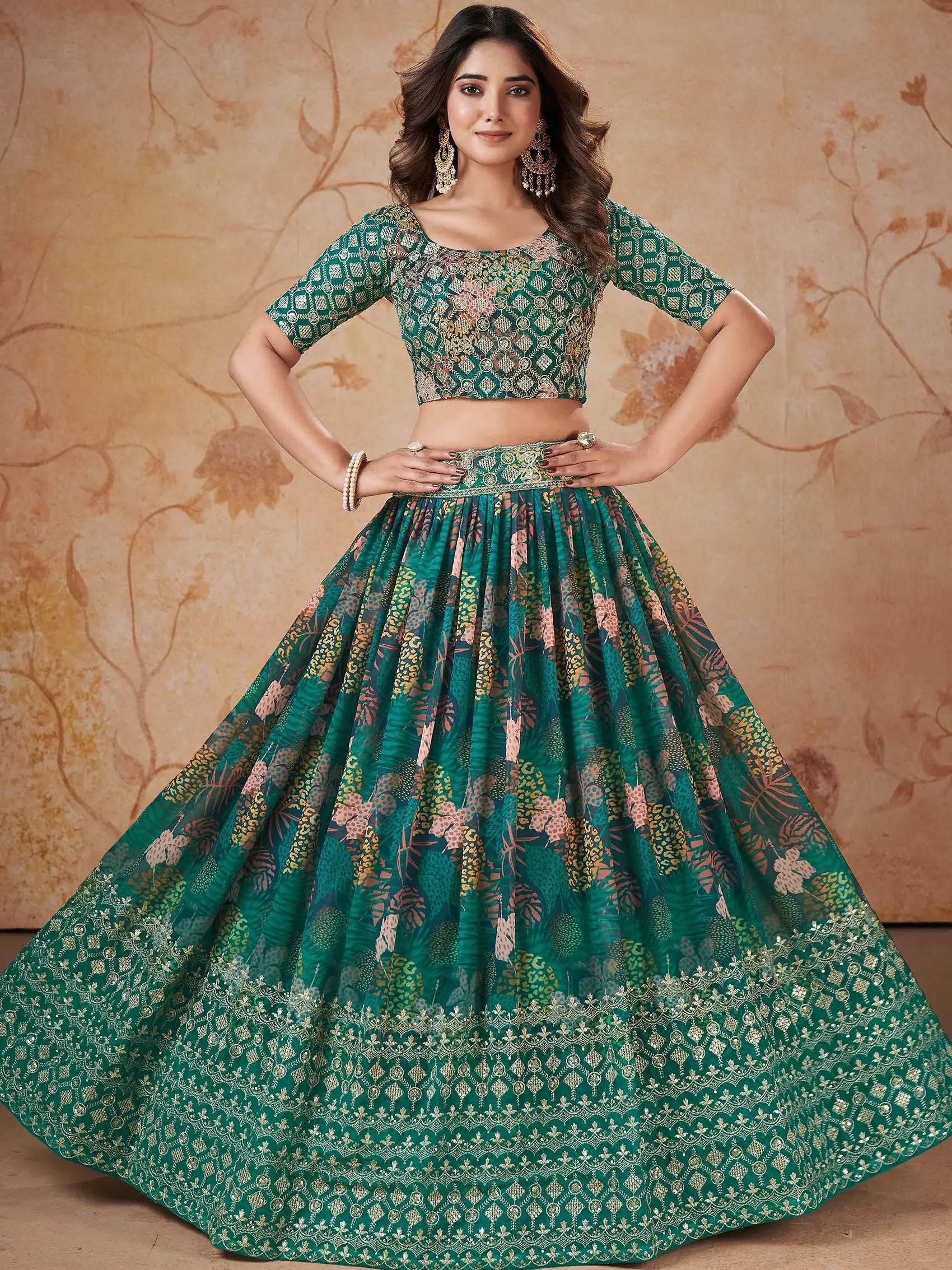 Outstanding Green Digital printed Georgette Mehendi Wear Lehenga Choli - Zeel Clothing
