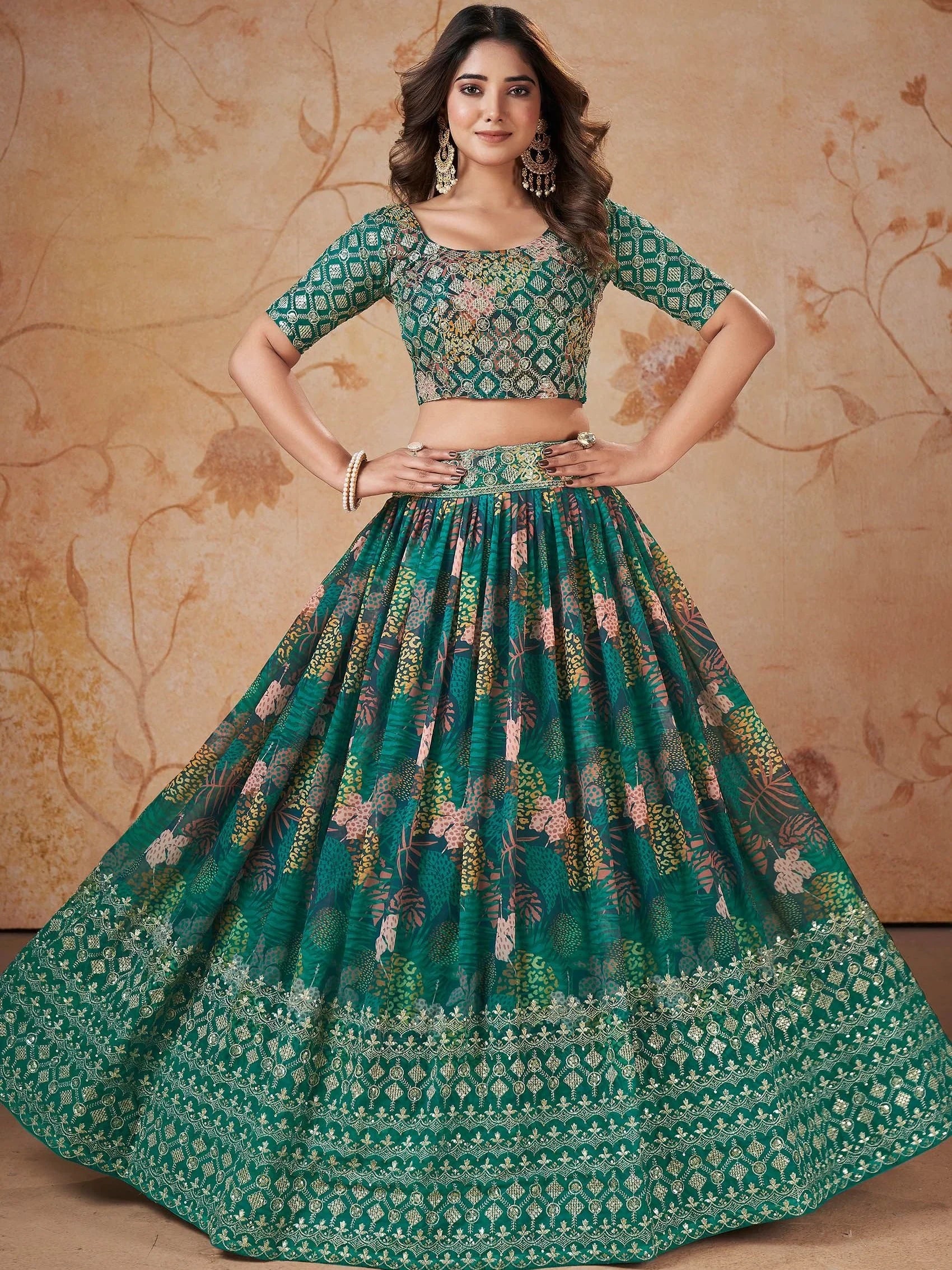 Outstanding Green Digital printed Georgette Mehendi Wear Lehenga Choli - Zeel Clothing