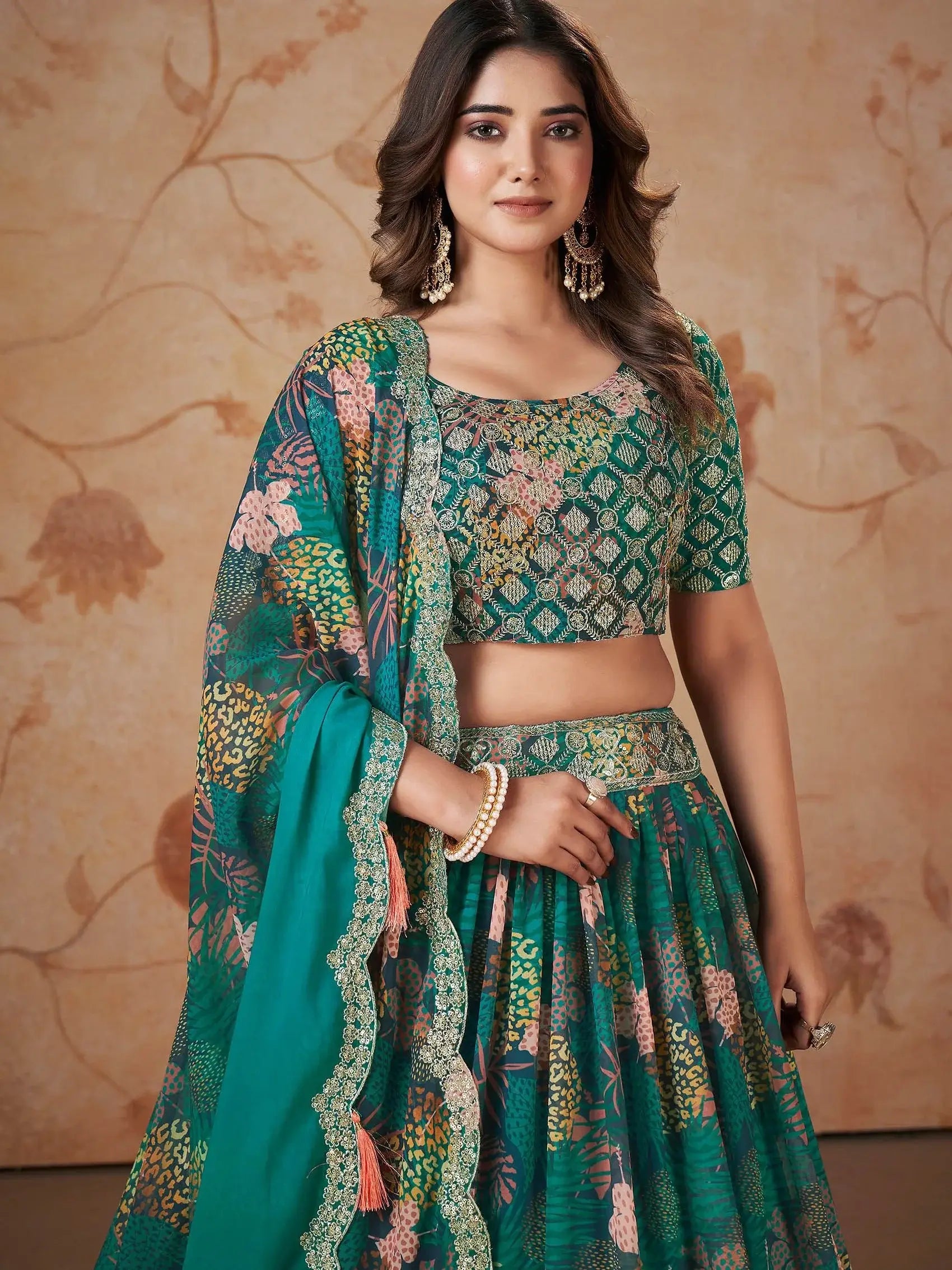 Outstanding Green Digital printed Georgette Mehendi Wear Lehenga Choli - Zeel Clothing