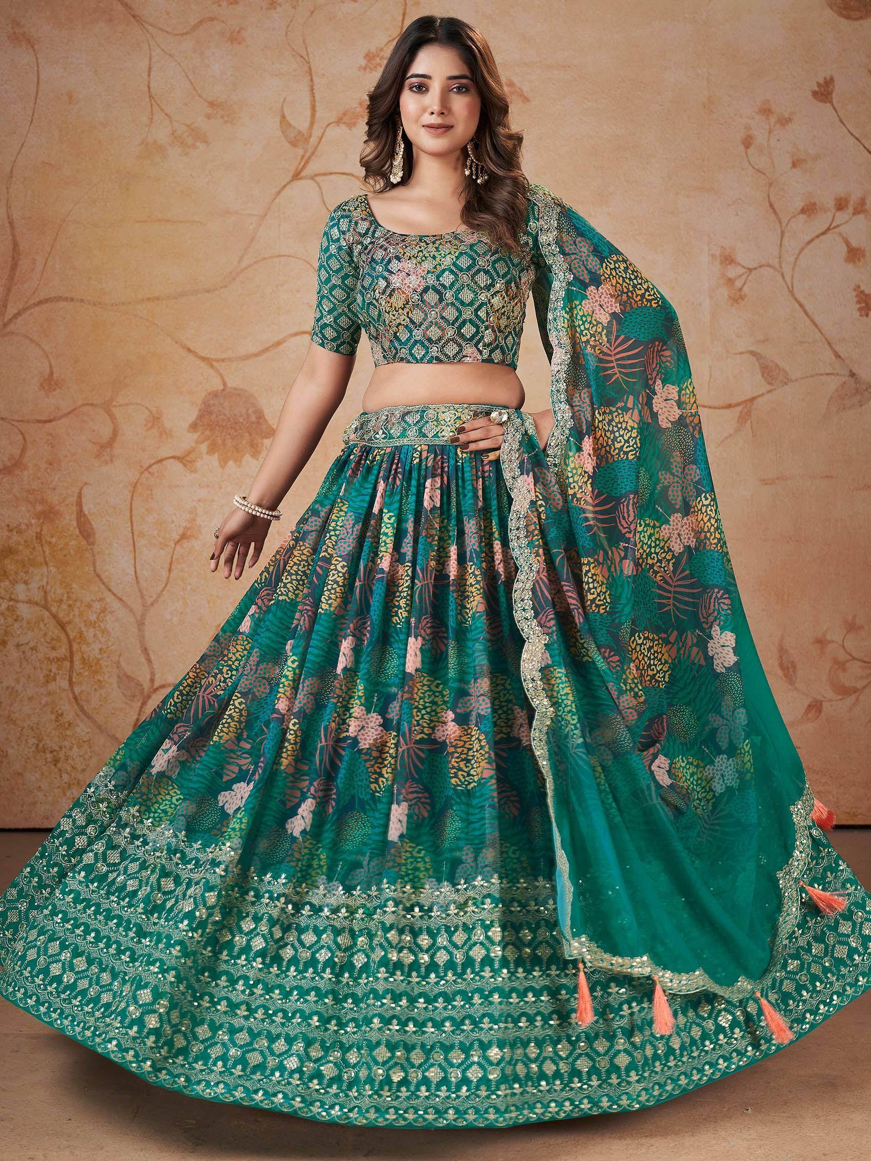 Outstanding Green Digital printed Georgette Mehendi Wear Lehenga Choli - Zeel Clothing