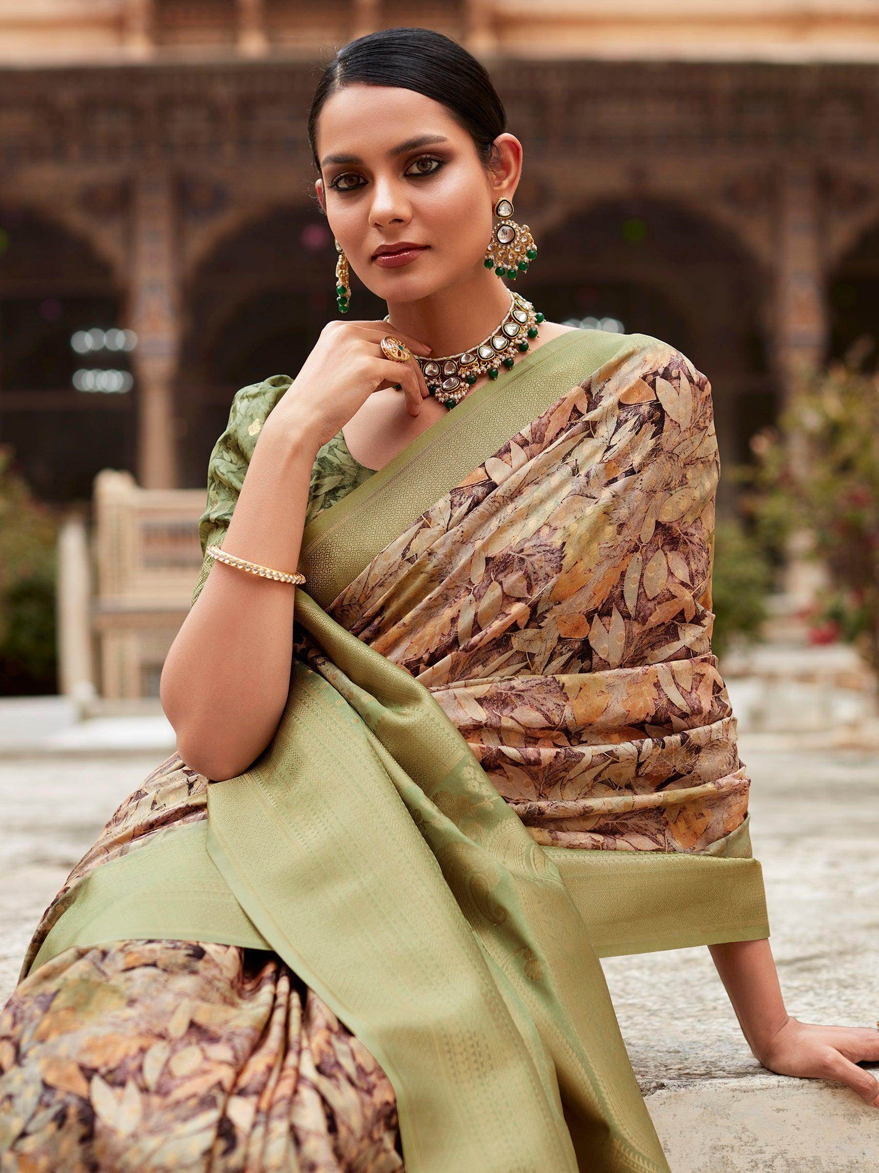 Outstanding Green Digital Printed Tissue Silk Festival Wear Saree - Zeel Clothing