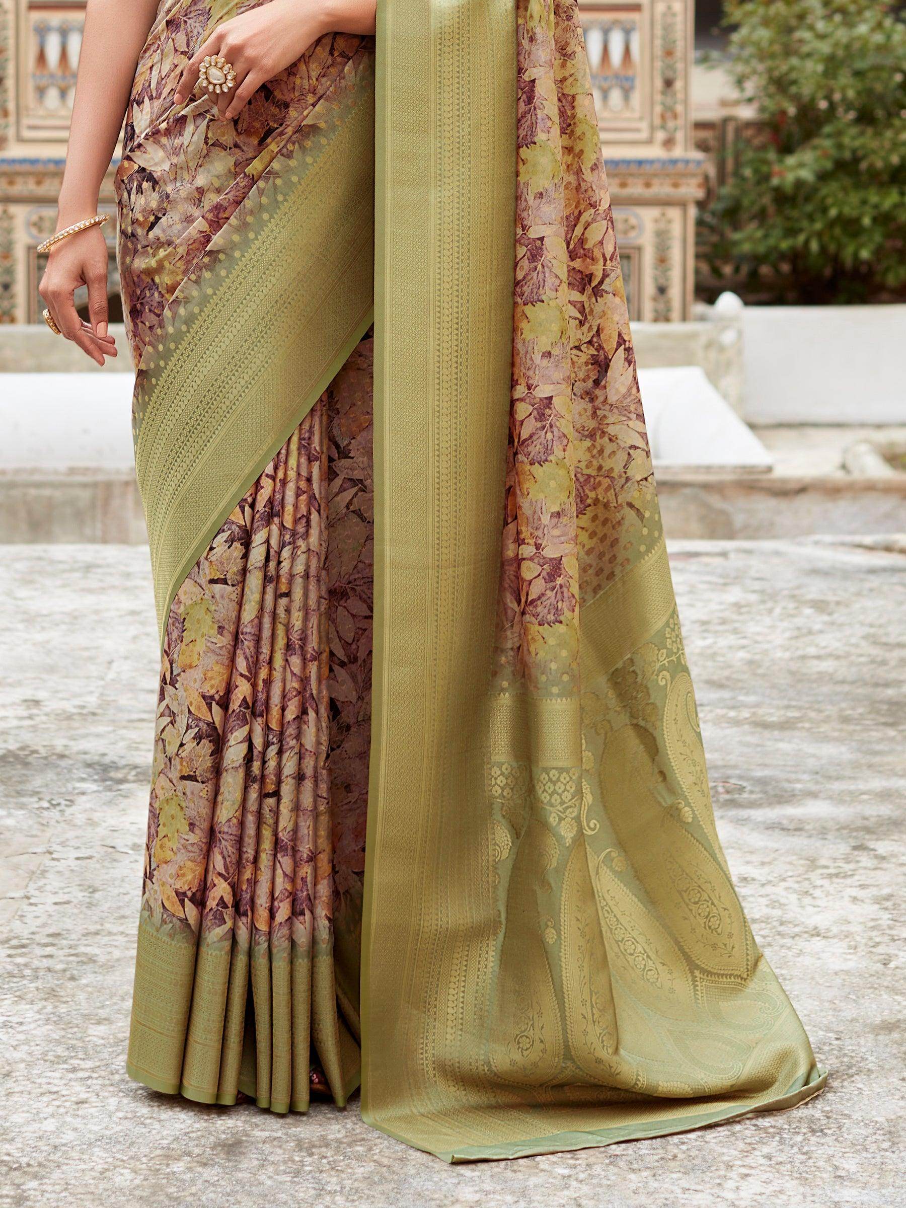 Outstanding Green Digital Printed Tissue Silk Festival Wear Saree - Zeel Clothing