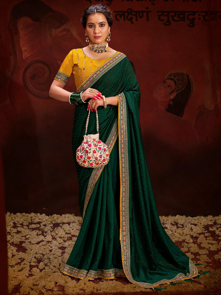 Outstanding Green Heavy Lace Work Silk Mehendi Wear Saree - Zeel Clothing
