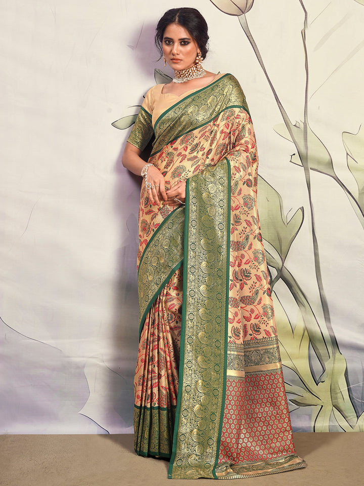 Outstanding Green Printed Silk Festival Wear Saree With Blouse - Zeel Clothing