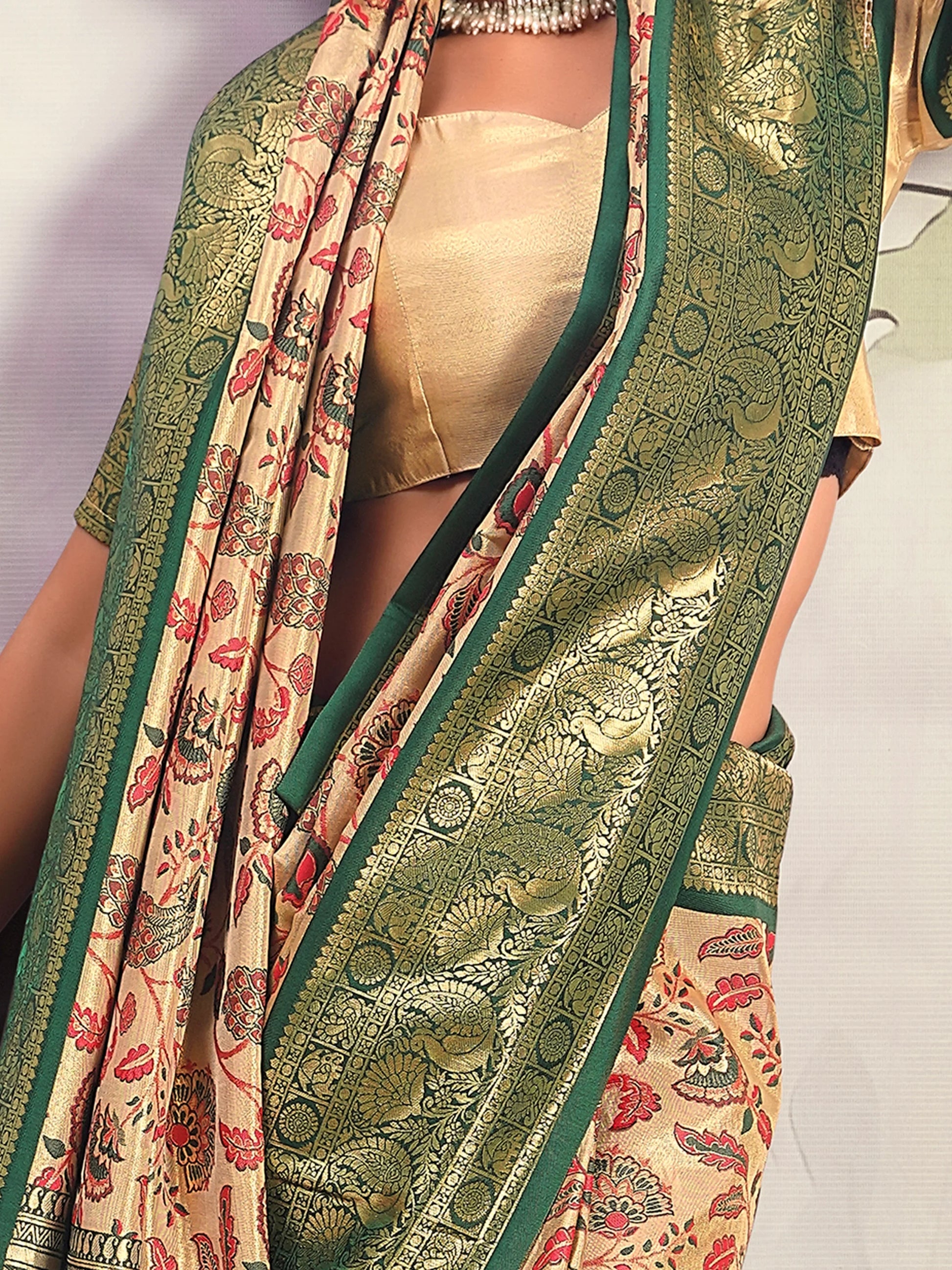 Outstanding Green Printed Silk Festival Wear Saree With Blouse - Zeel Clothing
