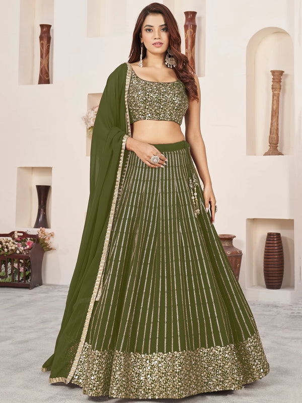 Outstanding Green Sequins Georgette Mehendi Wear Lehenga Choli - Zeel Clothing