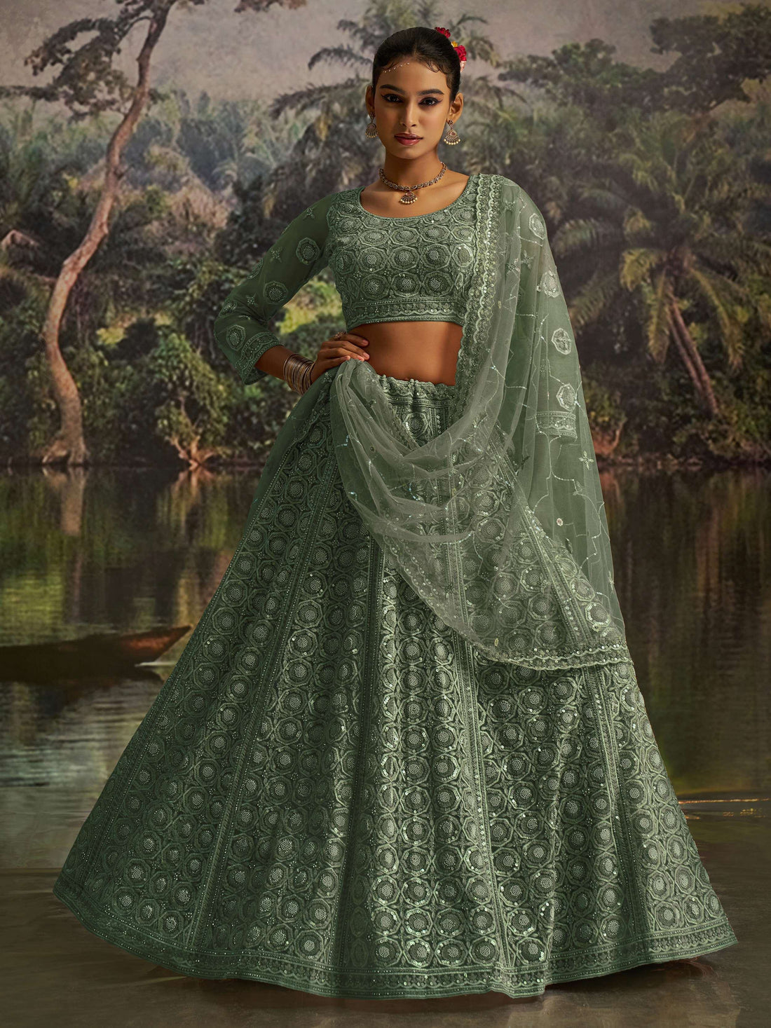 Outstanding Green Thread Work Net Reception Wear Lehenga Choli With Dupatta